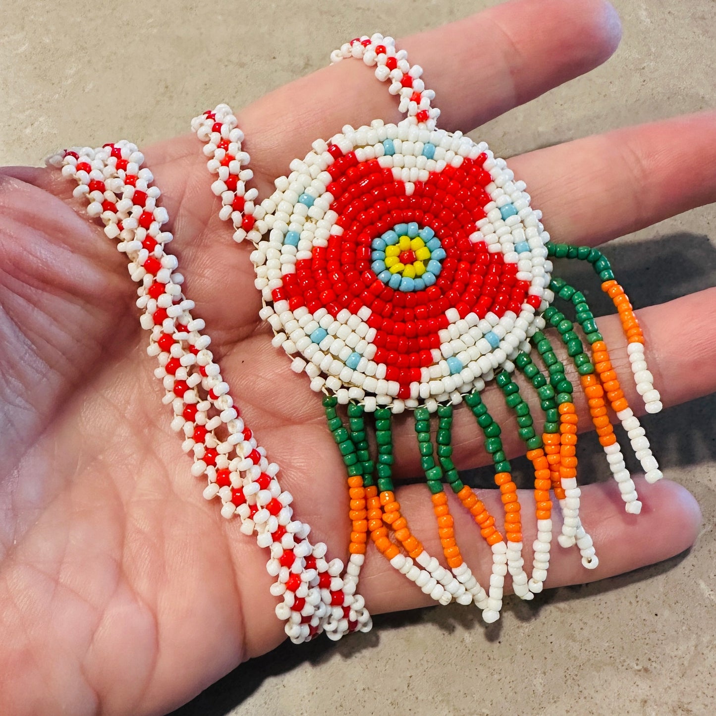 Hand-Beaded Authentic Native American Red Star Medallion Leather Necklace