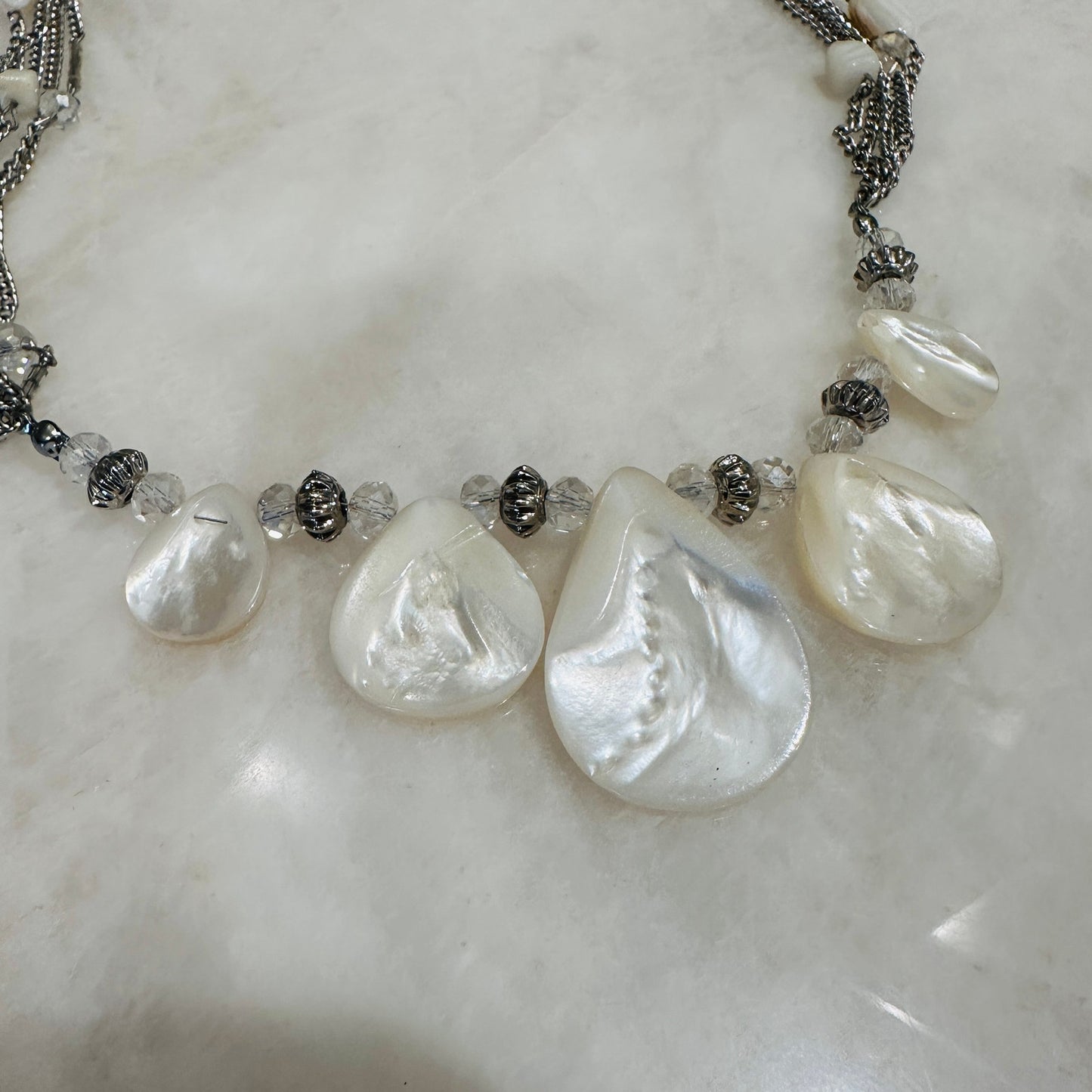 Silver-Tone Multi-Strand Necklace with Mother of Pearl Style Teardrop Drops
