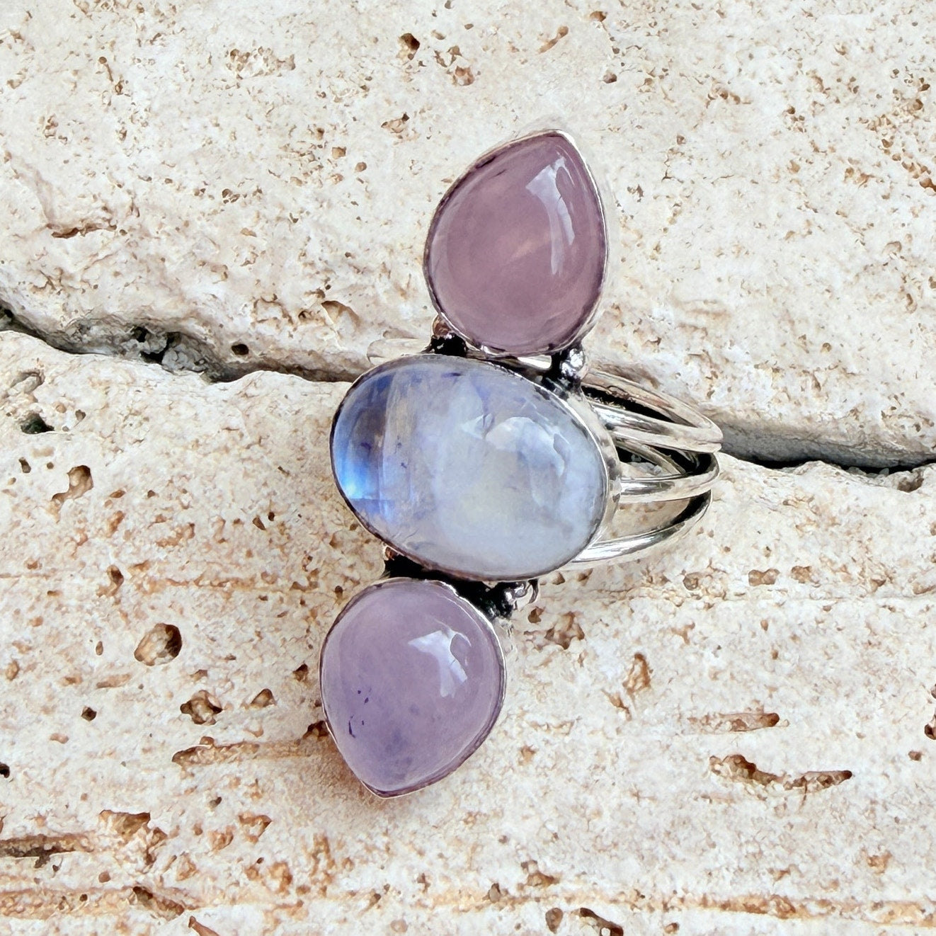 Rainbow Moonstone & Rose Quartz 925 Silver Overlay Ring Size 8