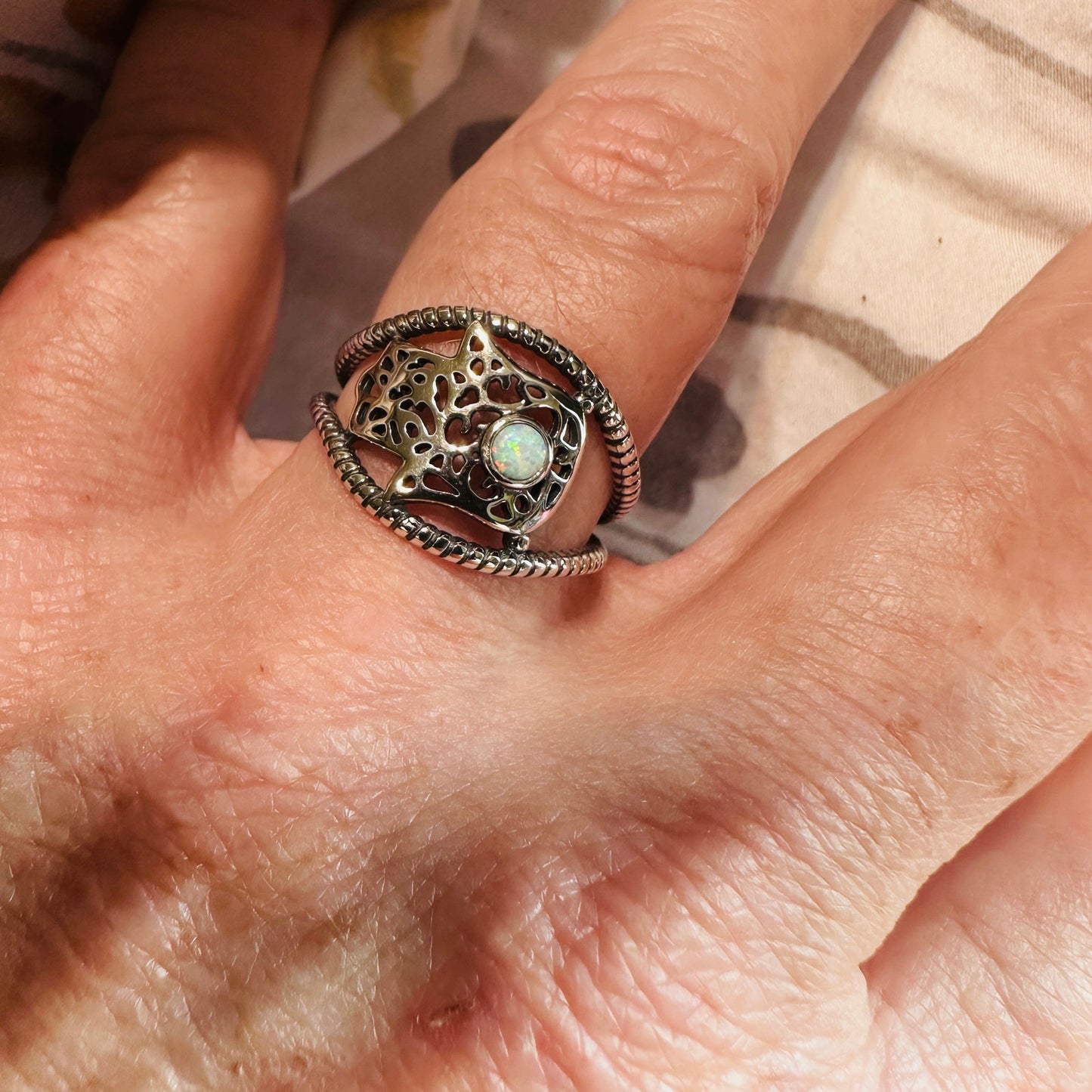 Sterling Silver Lab Opal Hamsa Ring