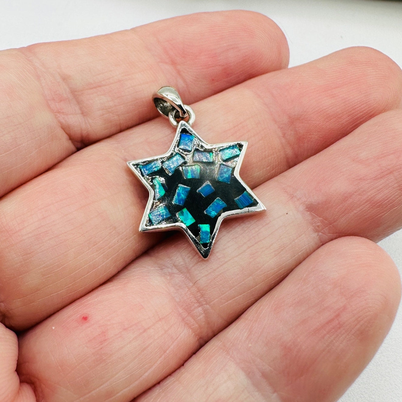 Sterling Silver Mosaic Lab Opal Star of David Pendant, Jewish Star