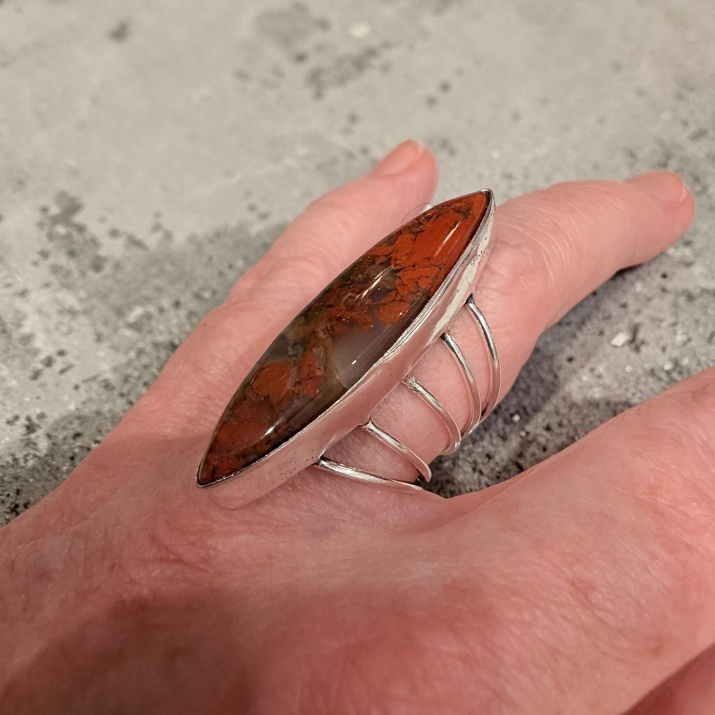 Marquise Red Jasper Ring 925 Silver Plated Boho Statement Ring Size 8