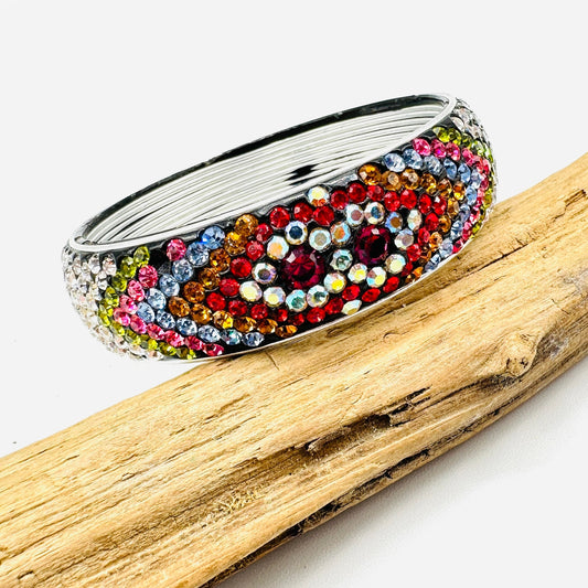 Vintage Wide Domed Multi Color Rhinestone Bangle Bracelet
