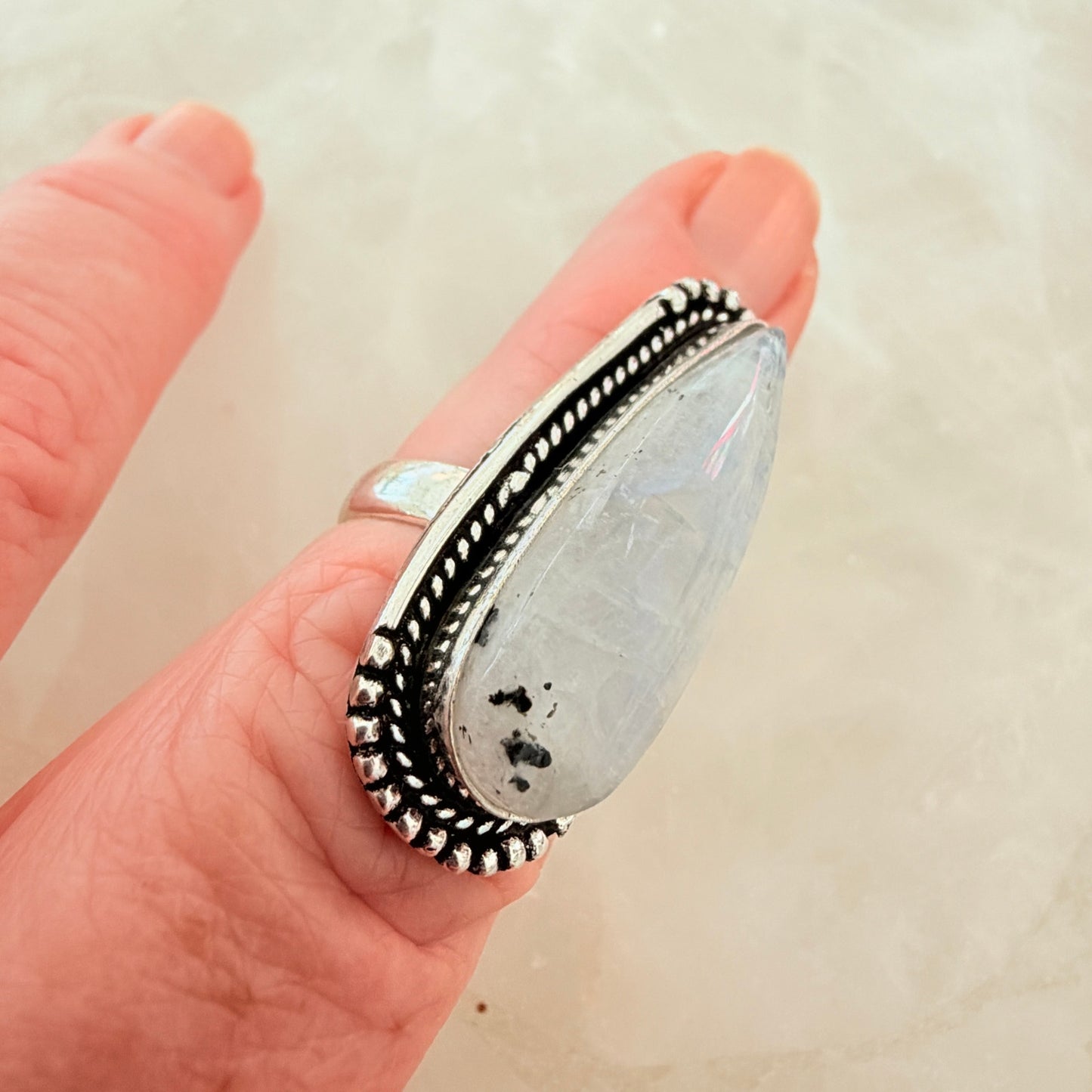 Rainbow Moonstone 925 Silver Plated Ring Size 6