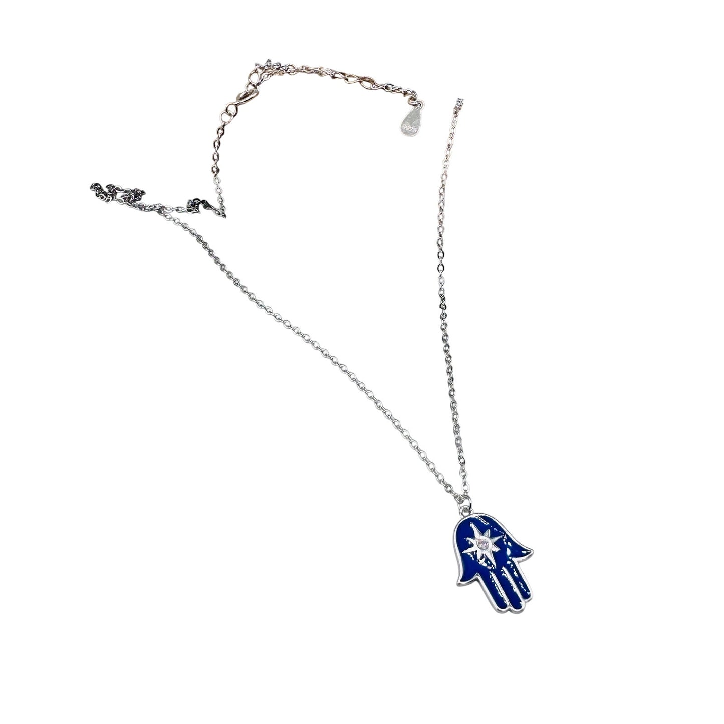 Sterling Silver Blue Enamel Hamsa Star of David Necklace