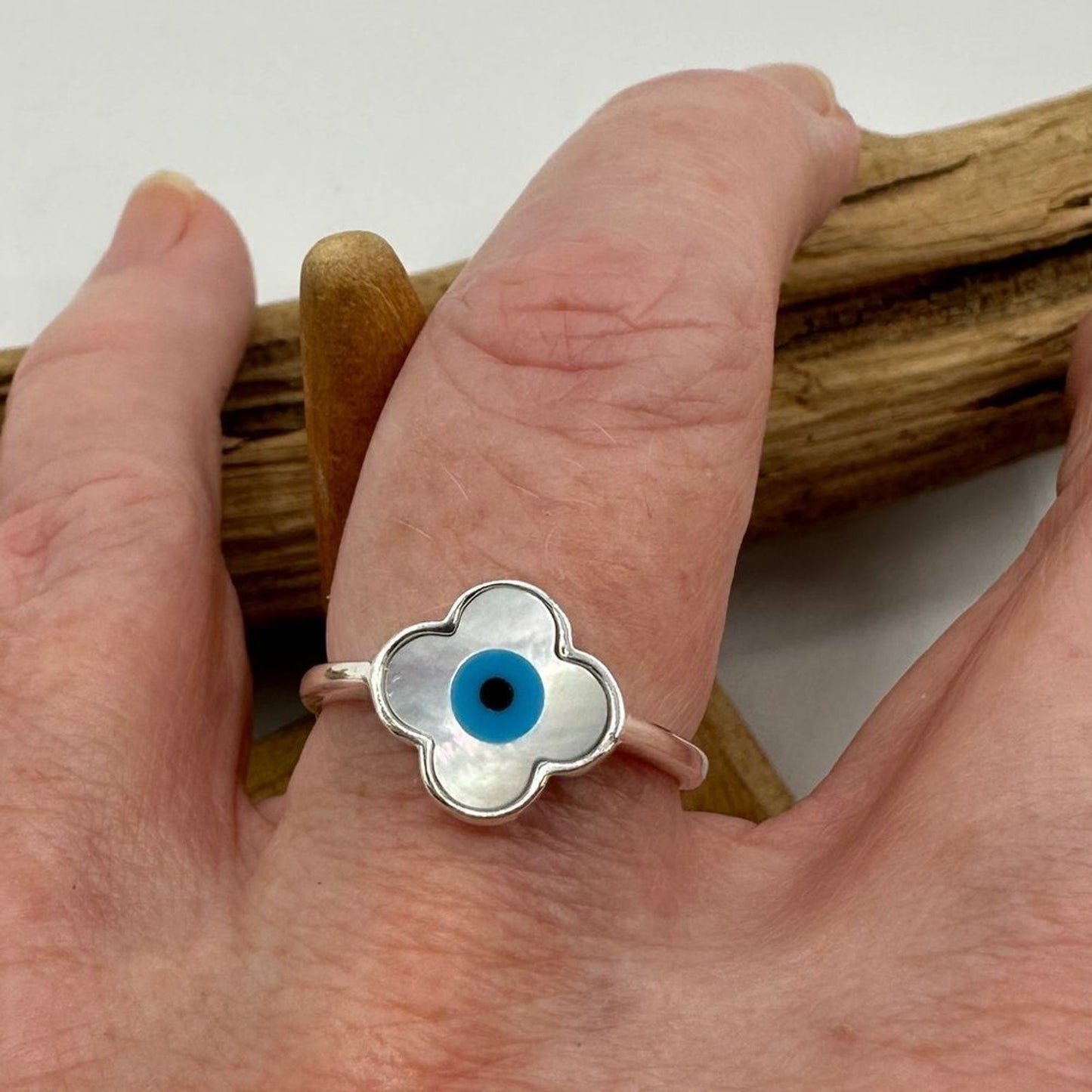 Sterling Silver Evil Eye Mother Of Pearl Clover Ring