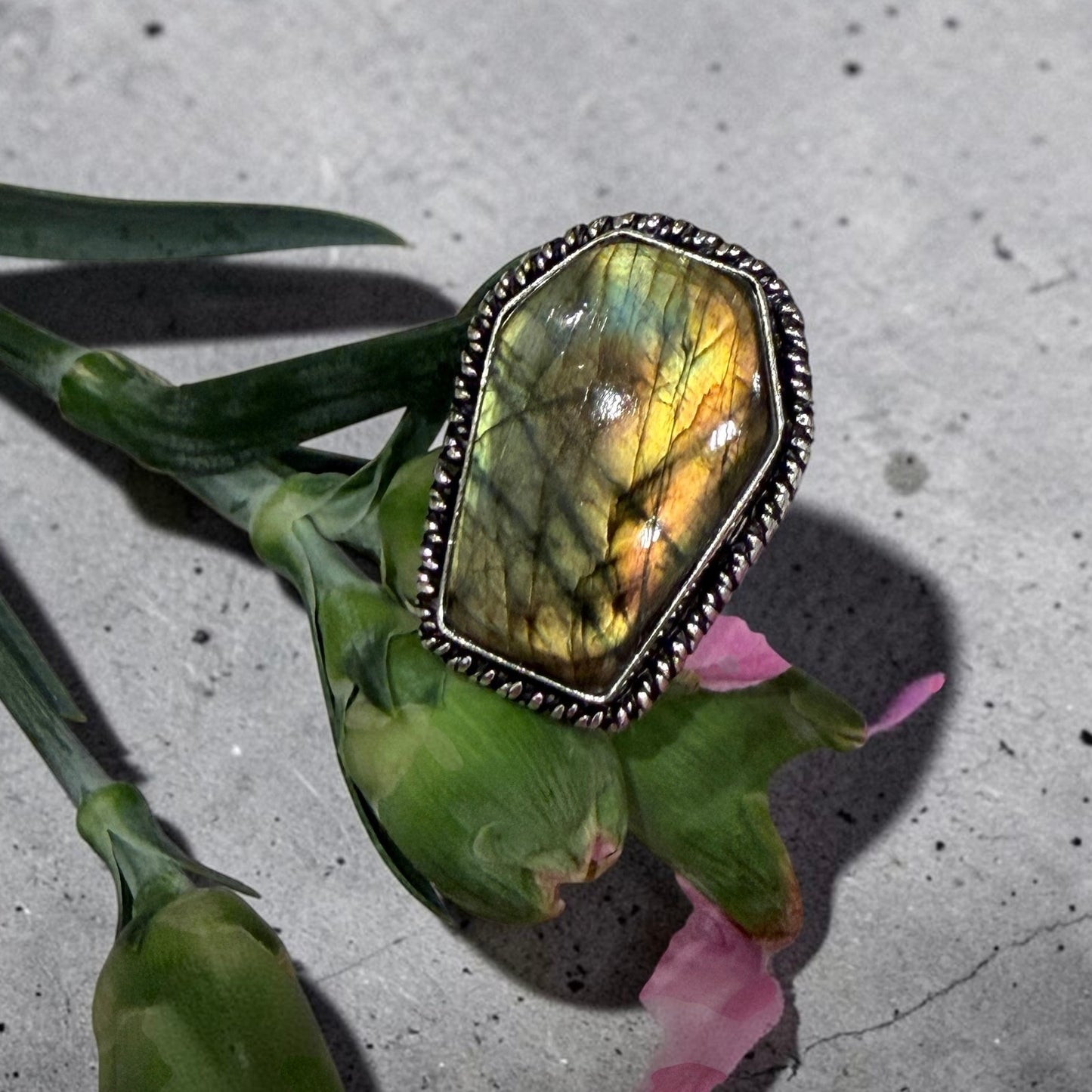 Coffin Labradorite Ring Size 9 Silver Plated Fiery Flash Statement