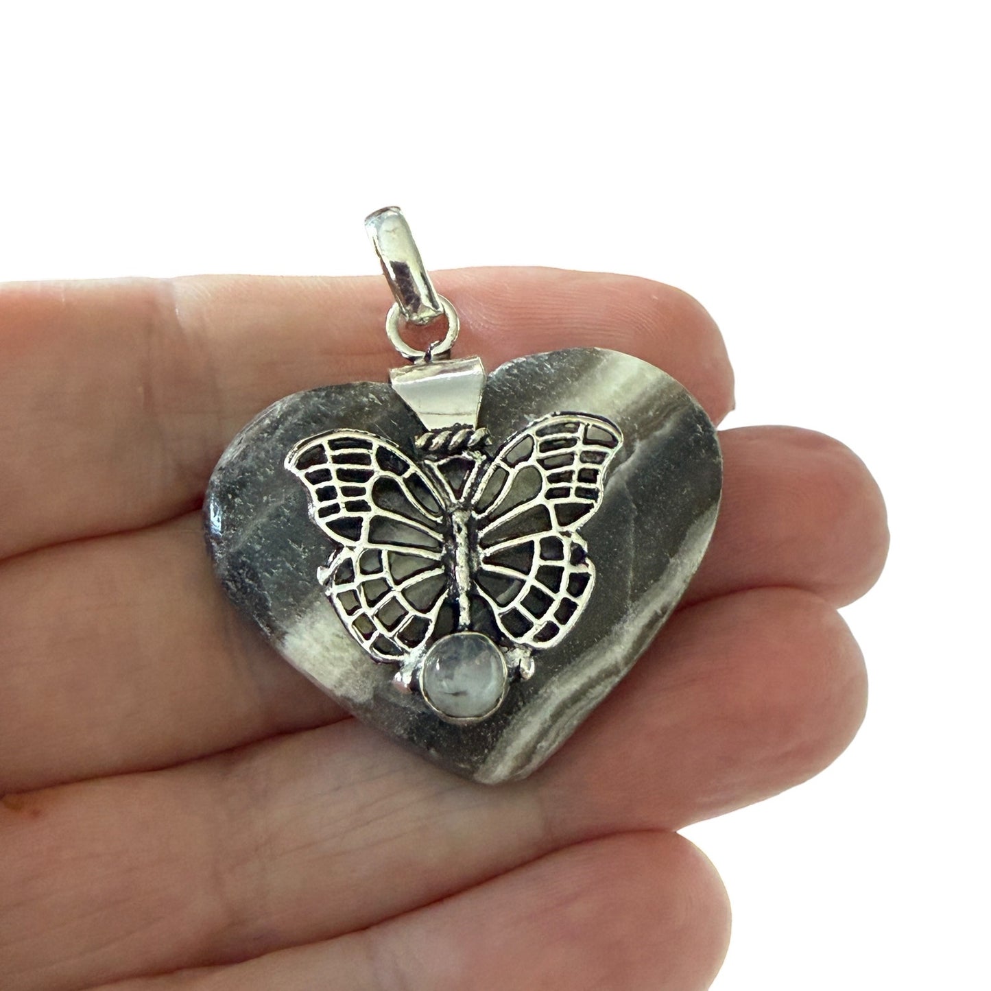 Zebra Calcite & Moonstone Butterfly Heart Pendant 925 Overlay
