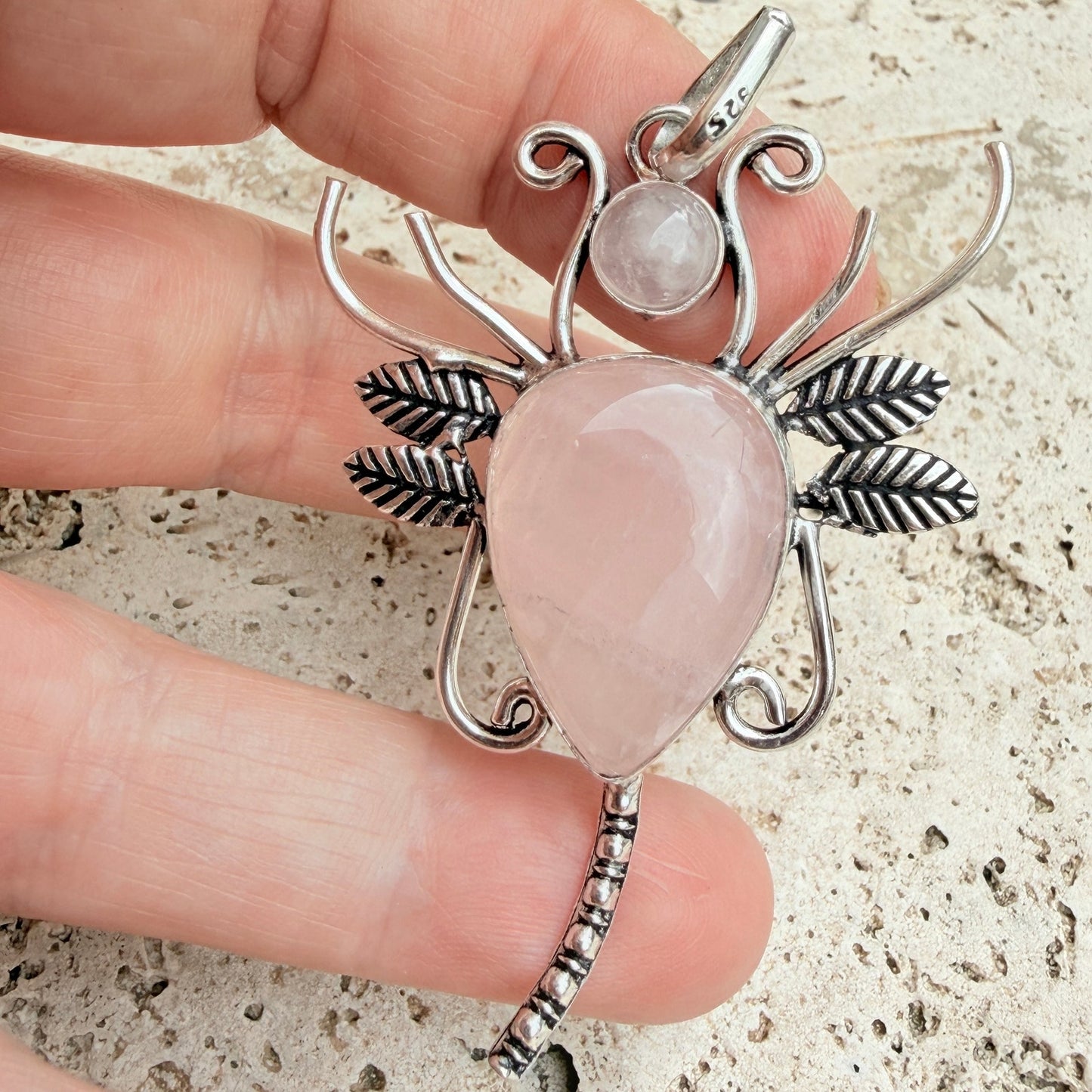 Rose Quartz Butterfly Pendant 925 Silver Overlay