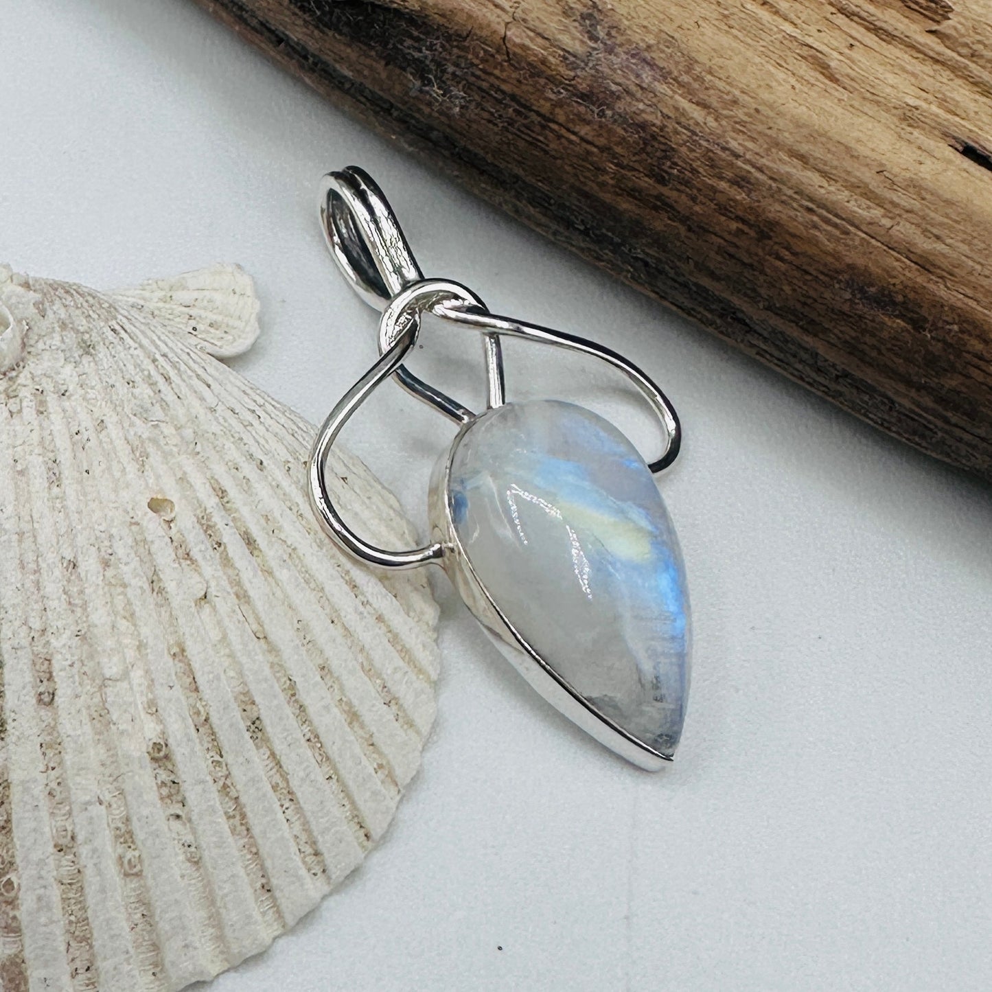 Natural Moonstone Sterling Silver Boho Pendant – 925 Stamped Teardrop Gemstone Jewelry