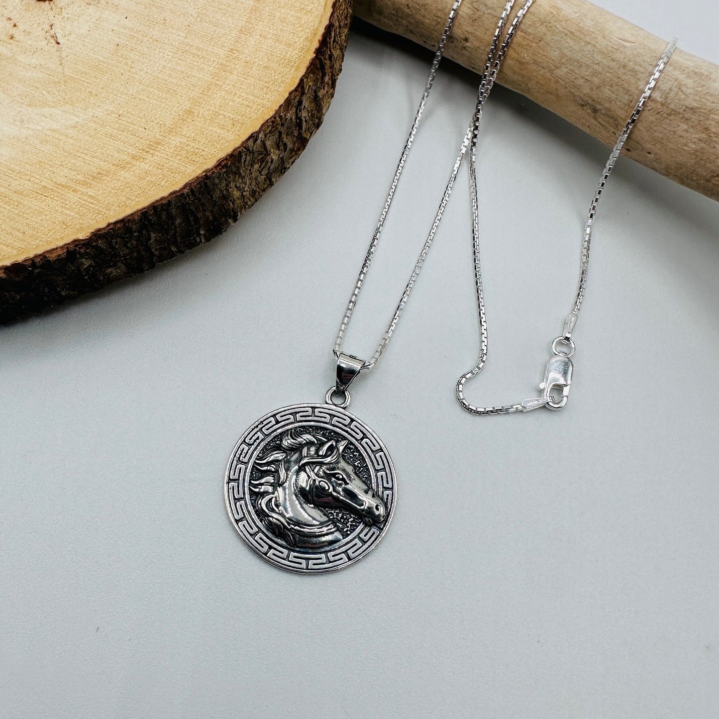 Sterling Silver Horse Medallion Necklace-925 Rounded Box Chain