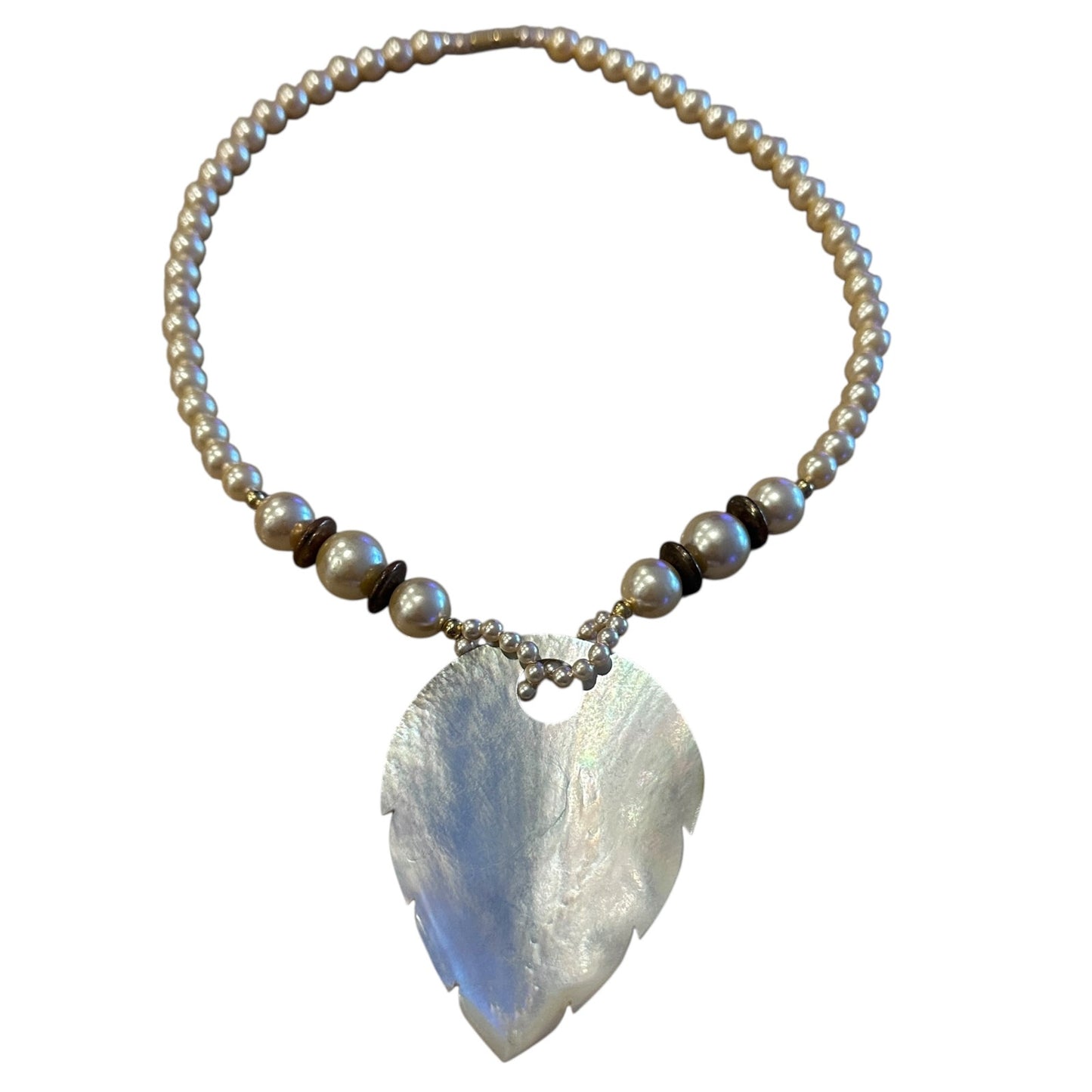 Vintage Mother of Pearl Leaf Pendant Necklace-Beaded