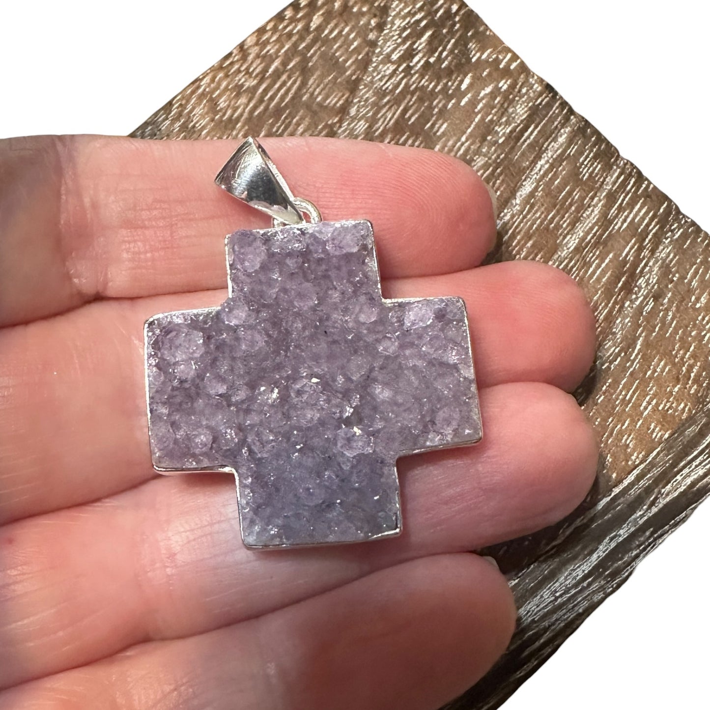925 Sterling Silver Amethyst Druzy Cross Pendant