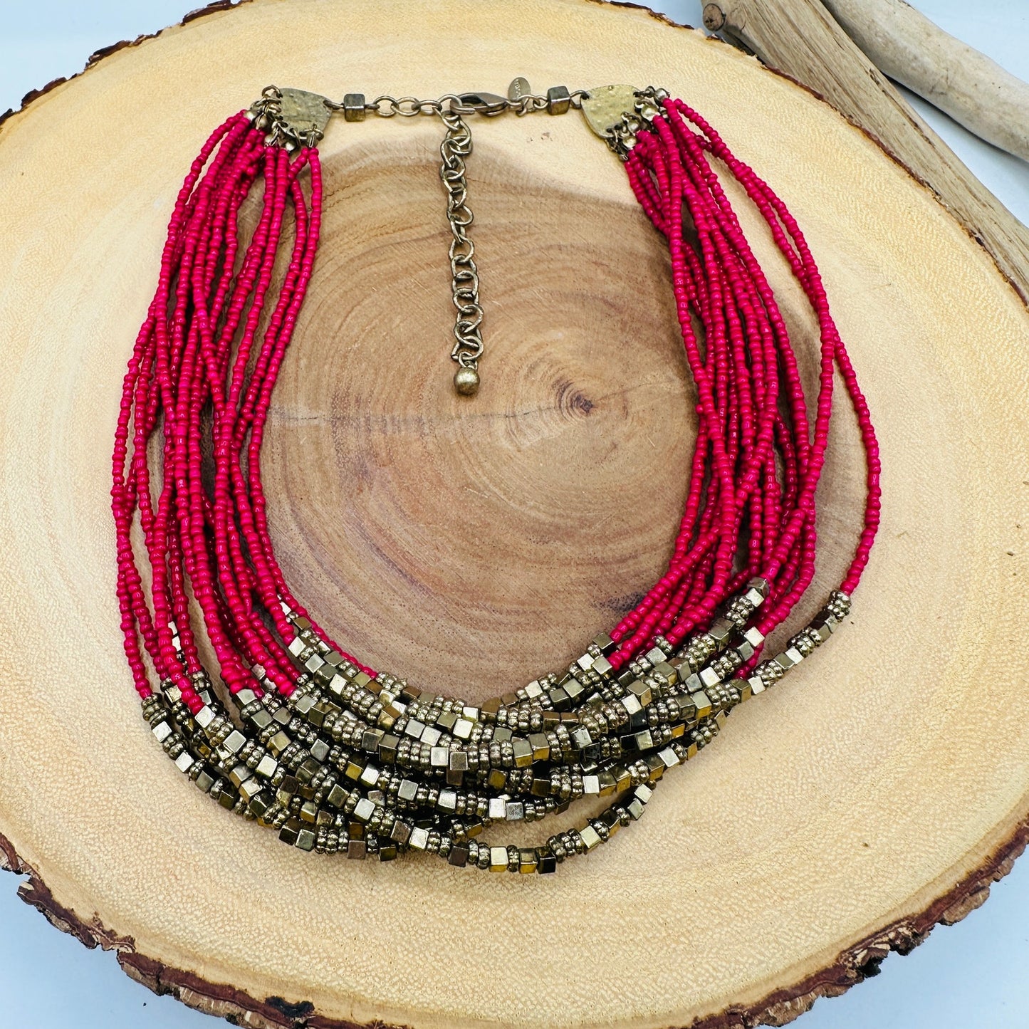 Chico’s Vintage Red/Pink Tones Multi-Strand beaded Statement Necklace