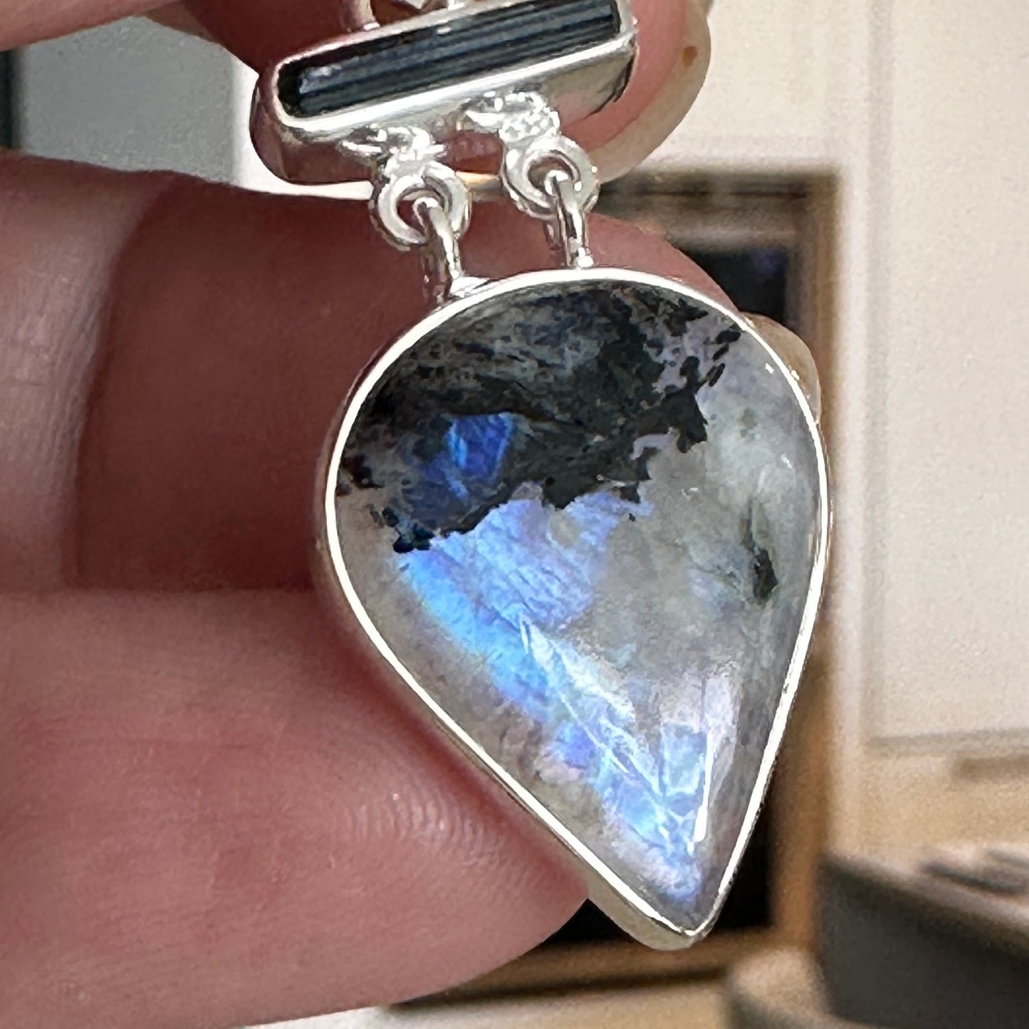 Natural Black Tourmaline In Rainbow Moonstone Sterling Silver Pendant