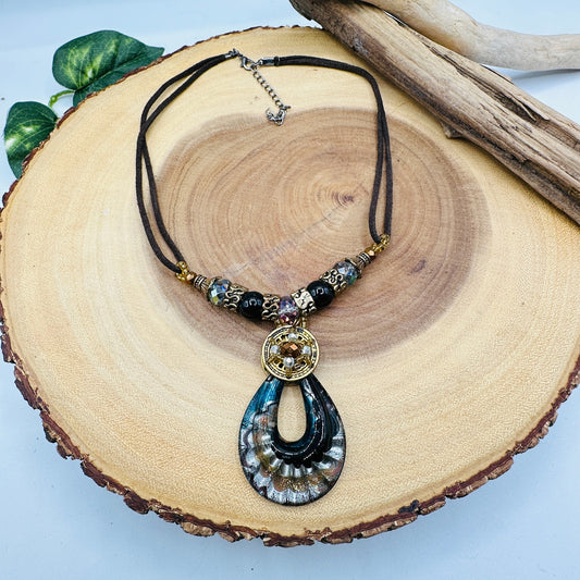 Vintage Style Art Glass Statement Necklace Black Gold Beaded Cord Pendant