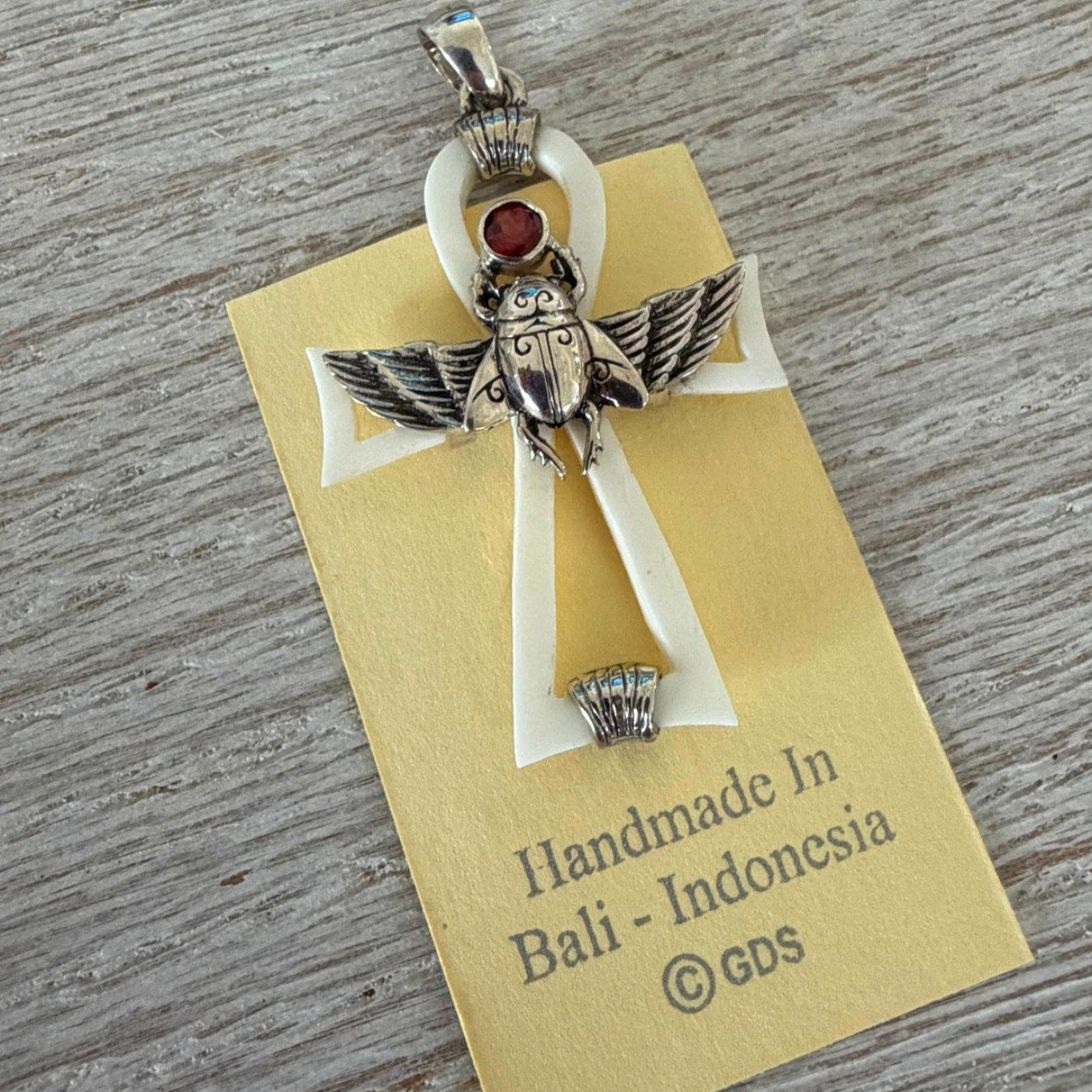 Sterling Silver Hand Carved Bane Ankh Scarab Pendant -Egyptian Symbol-Garnet