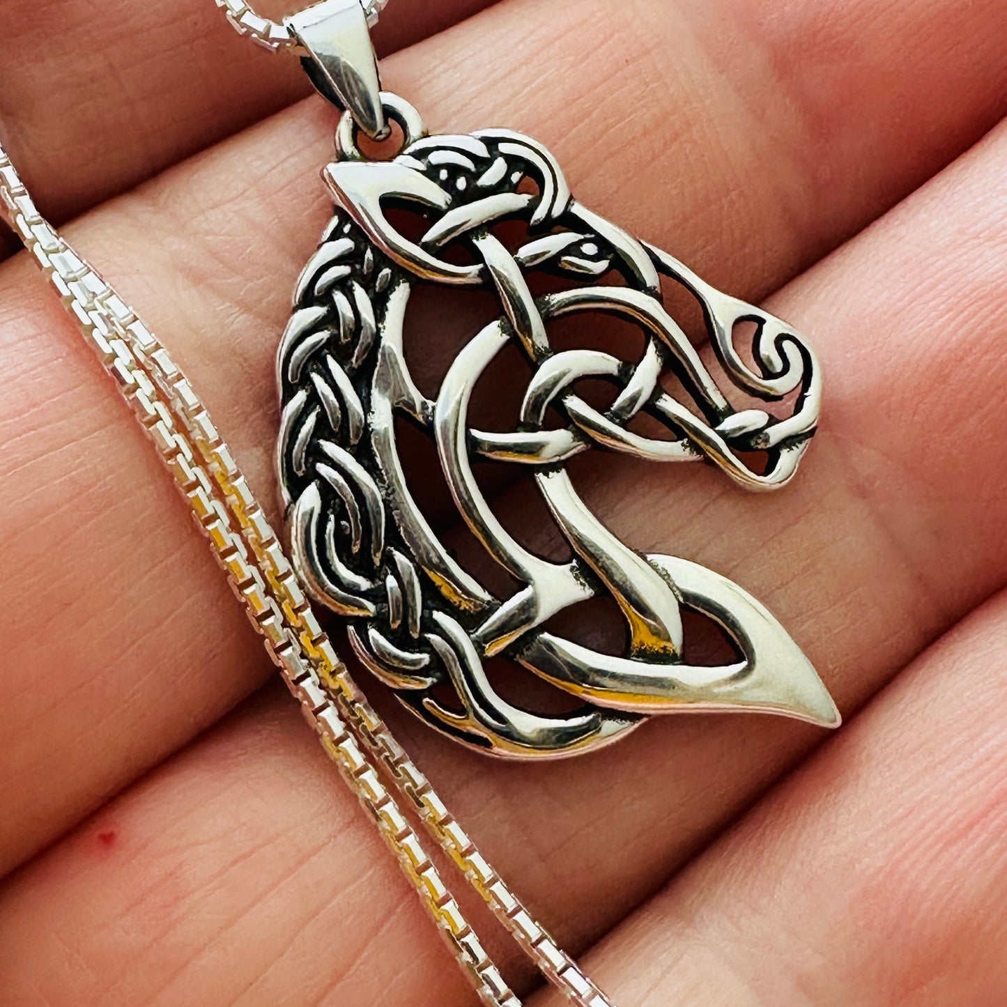 Sterling Silver Celtic Horse Pendant Necklace-18" Box Chain