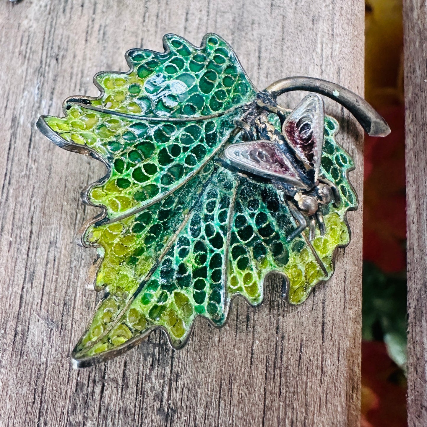 Vintage Plique a Jour Enamel 800 Silver Leaf Bug Brooch Large