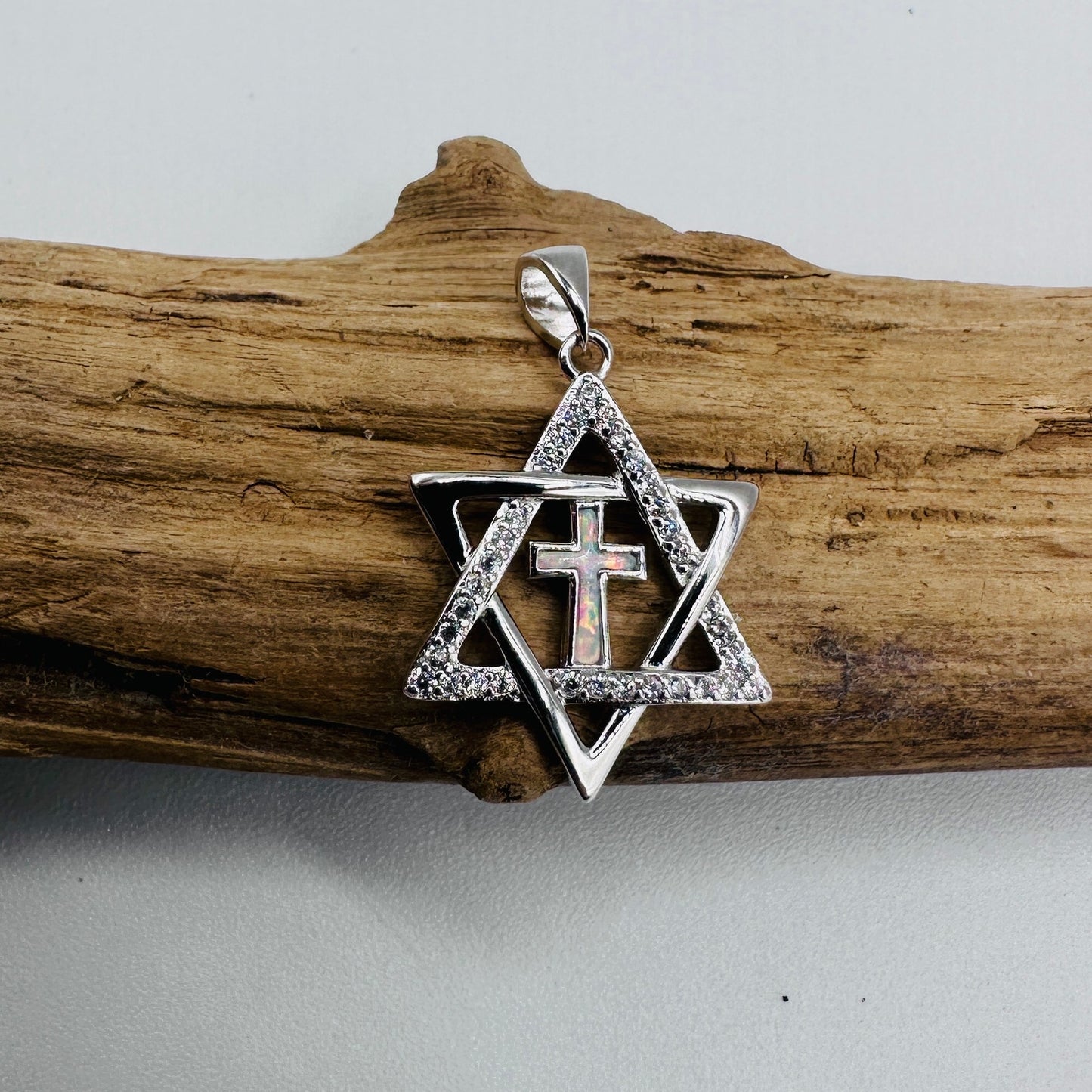 Sterling Silver Star of David Lab Opal Cross CZ Pendant
