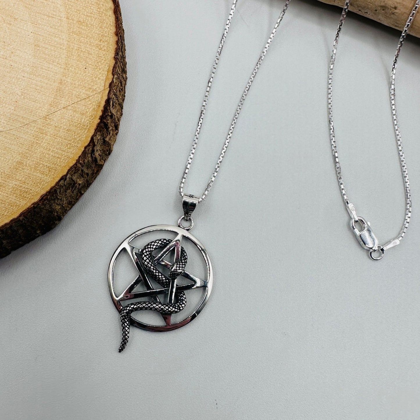 Sterling Silver Snake Pentagram Pendant Necklace-925 Silver