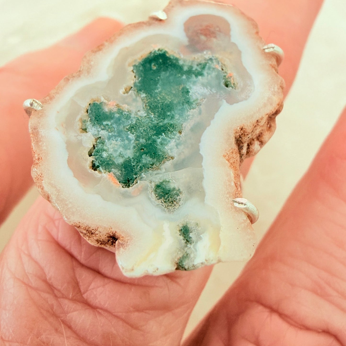 Tree Agate Solar Slice Ring 925 Silver Overlay Statement Ring