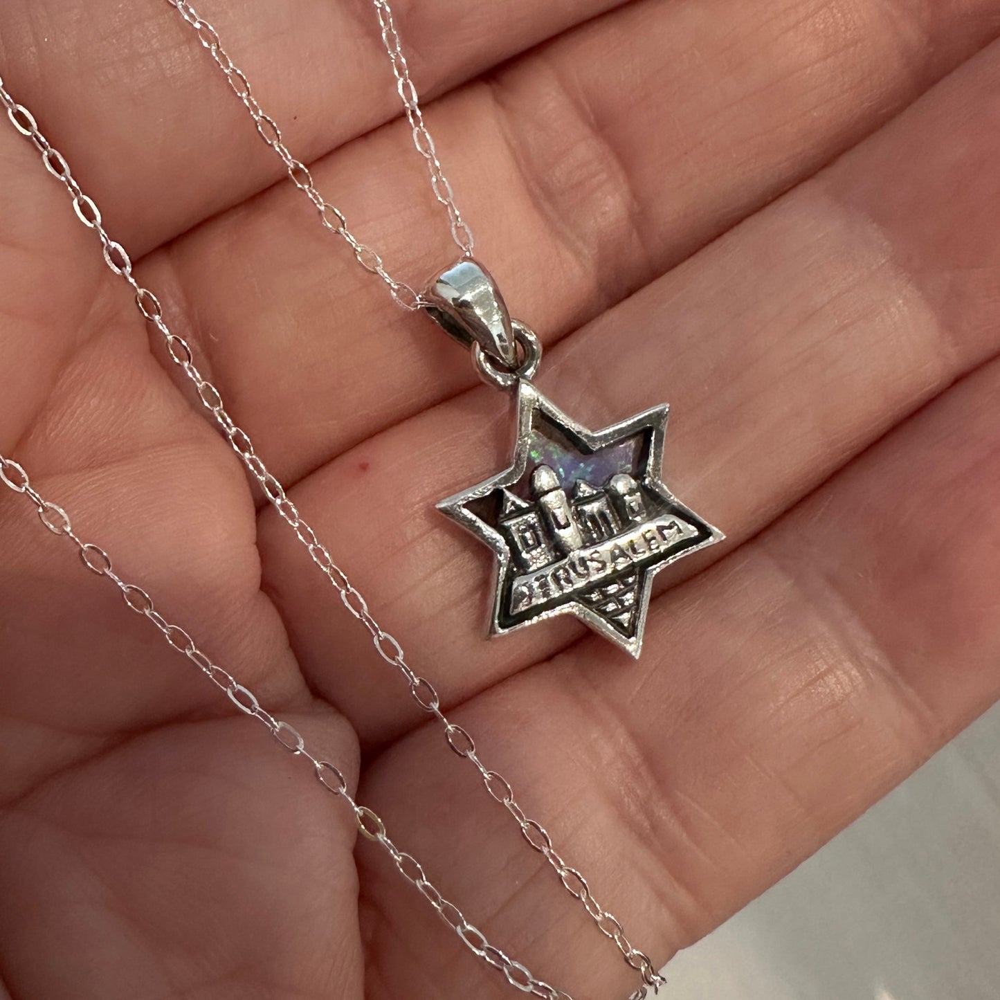 Sterling Silver Lab Opal Pendant Star of David Jerusalem Necklace