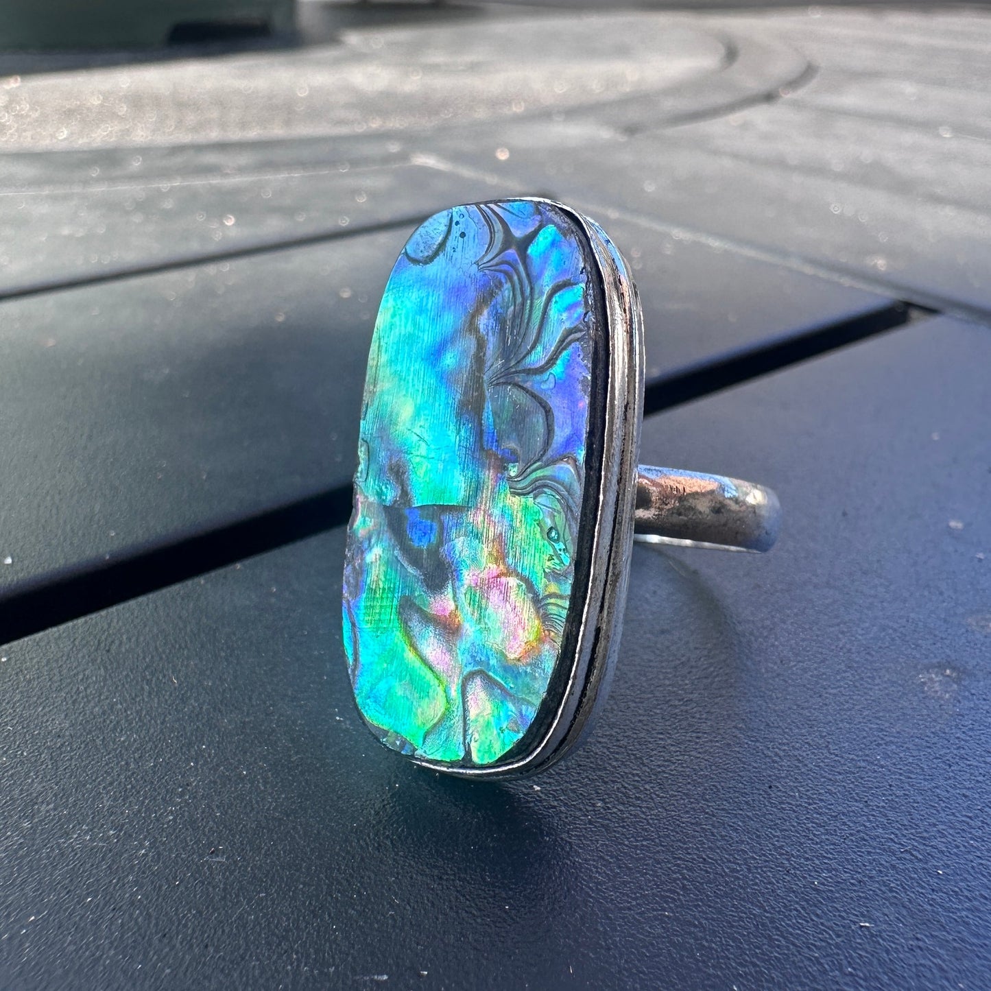 Abalone Shell Sterling Silver Plated Ring – Size 13 Statement Jewelry