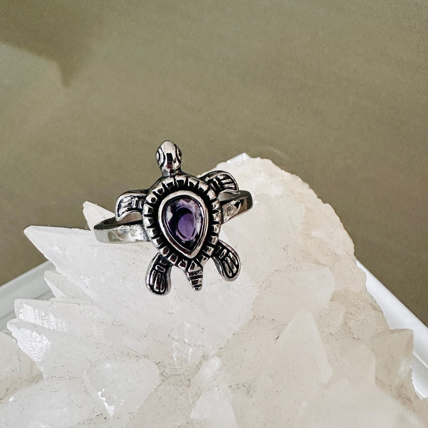 Stainless Steel Turtle Ring With Amethyst CZ