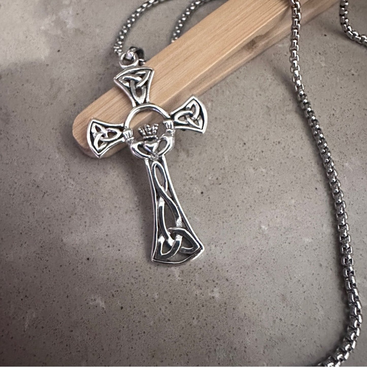 Sterling Silver Celtic Cross Necklace – 18” Stainless Steel Chain