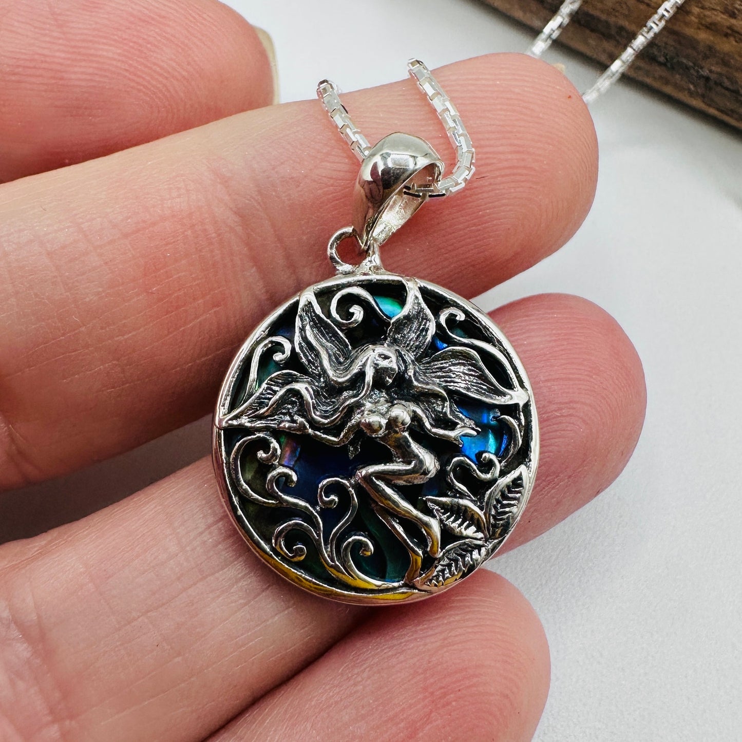 Sterling Silver Fairy Abalone Shell Medallion Necklace