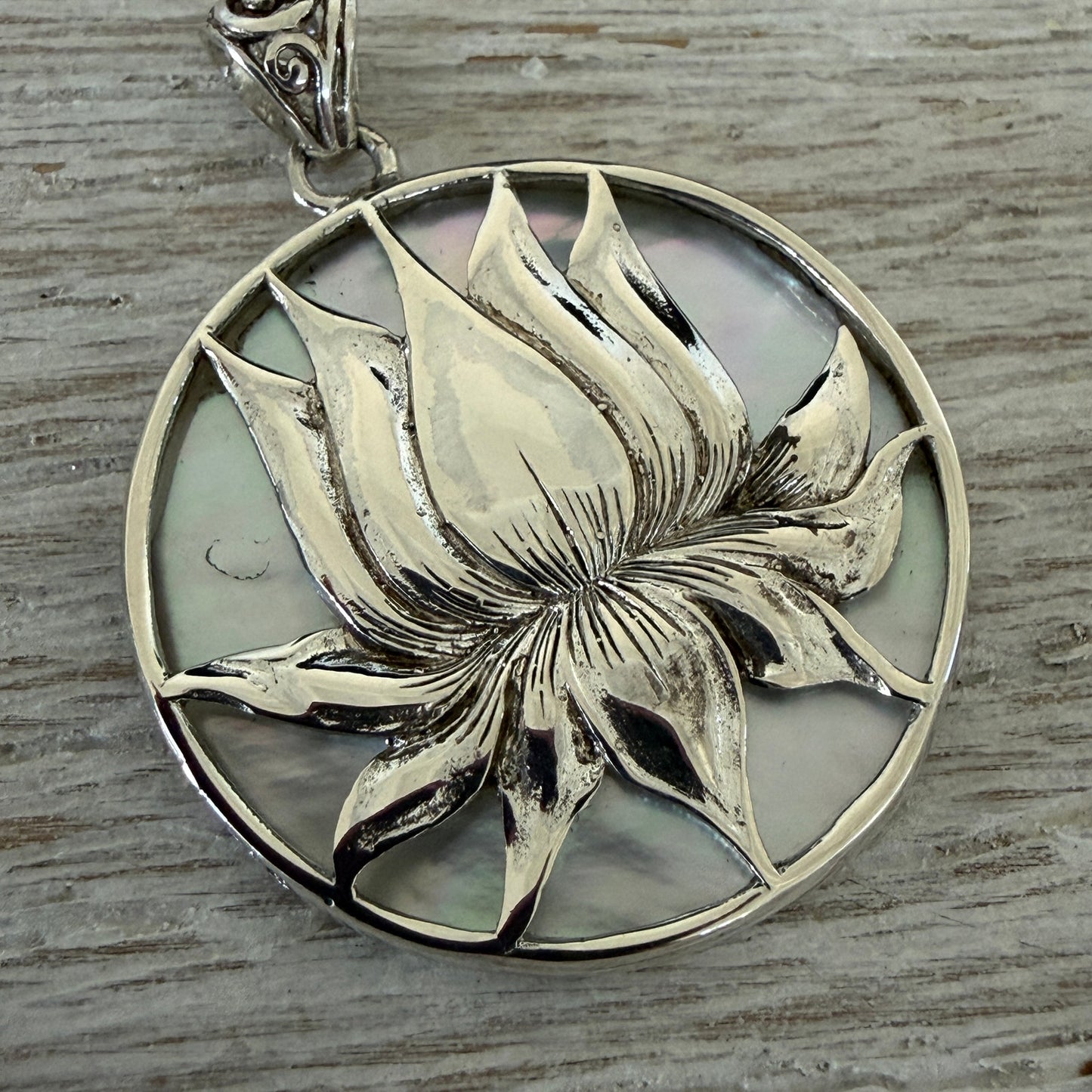 Sterling Silver Lotus Medallion Pendant- Mother of Pearl Shell