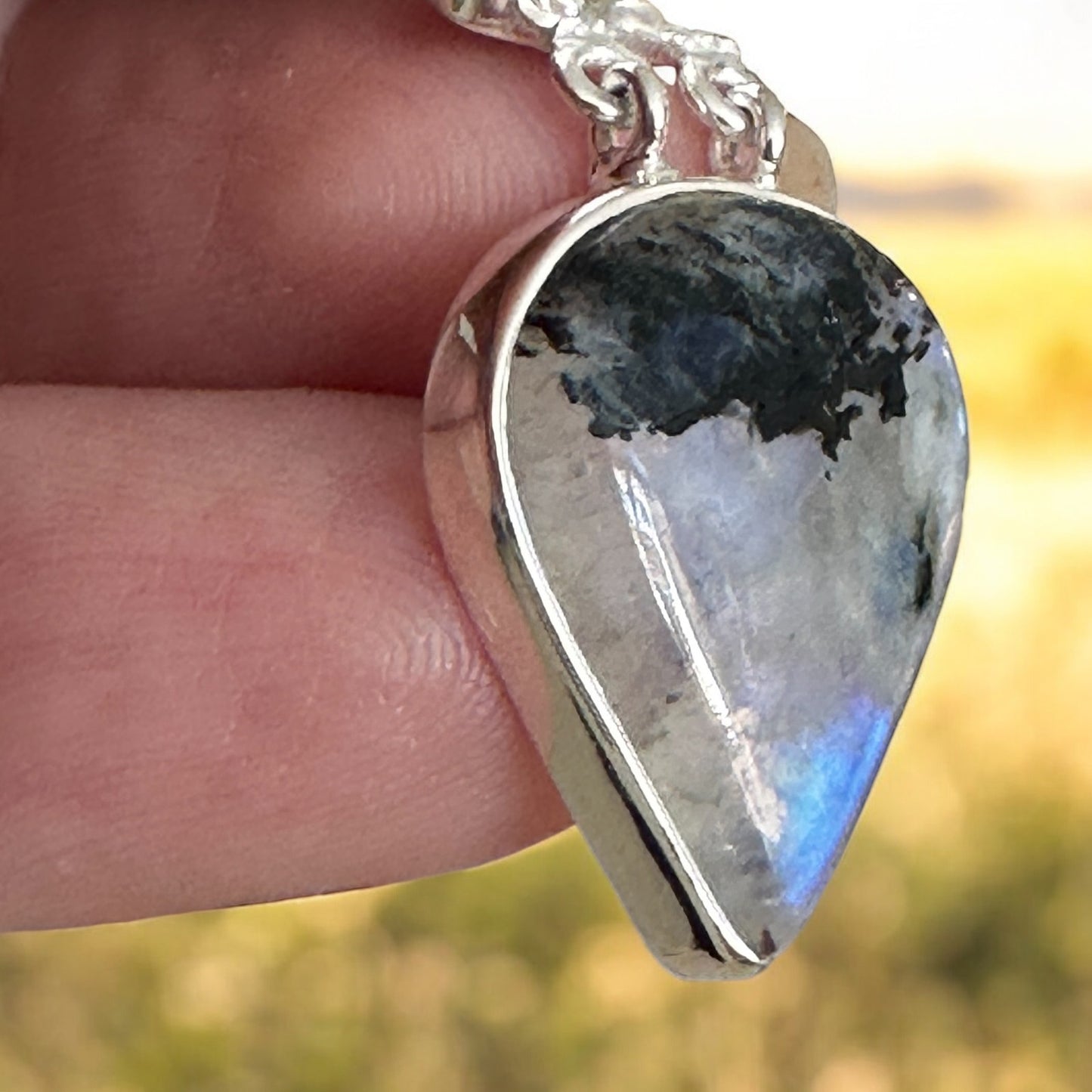 Natural Black Tourmaline In Rainbow Moonstone Sterling Silver Pendant