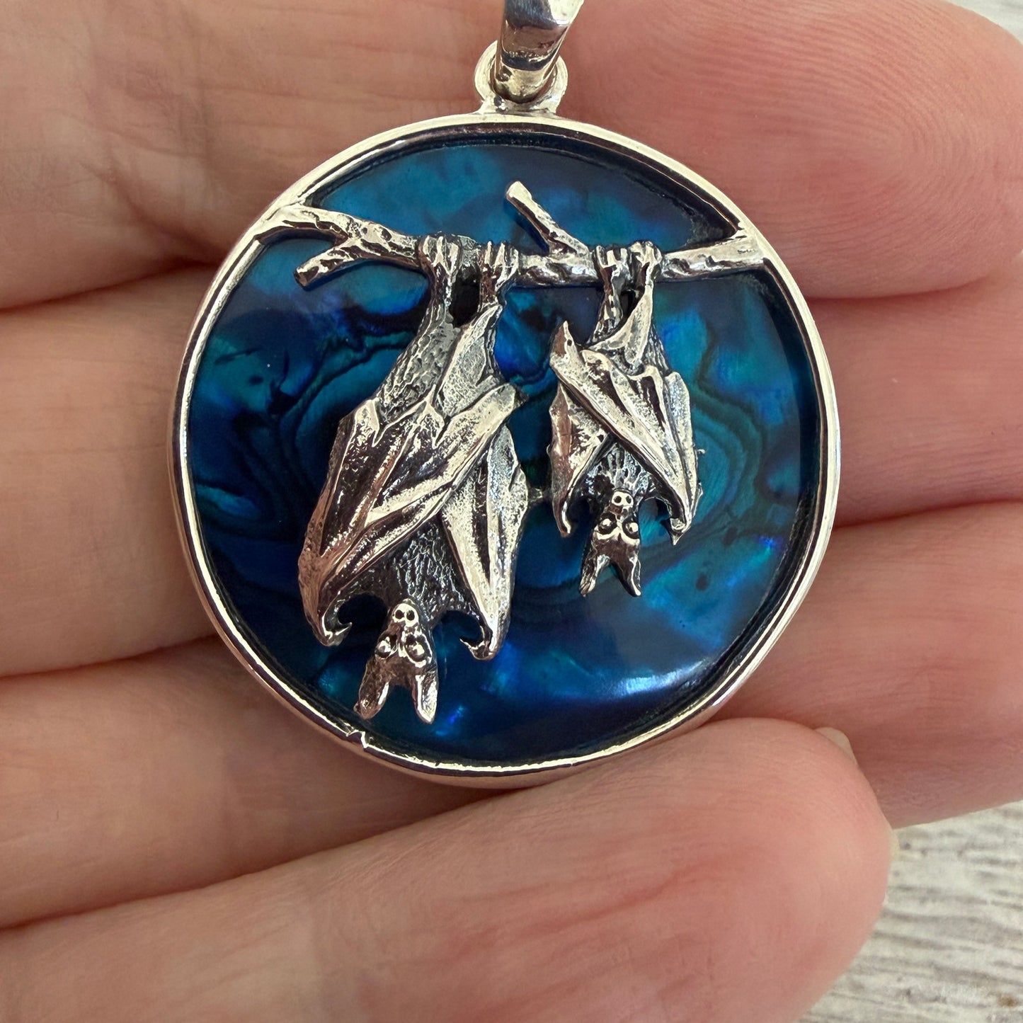 Sterling Silver Two Bats Medallion Pendant-Blue Abalone Shell