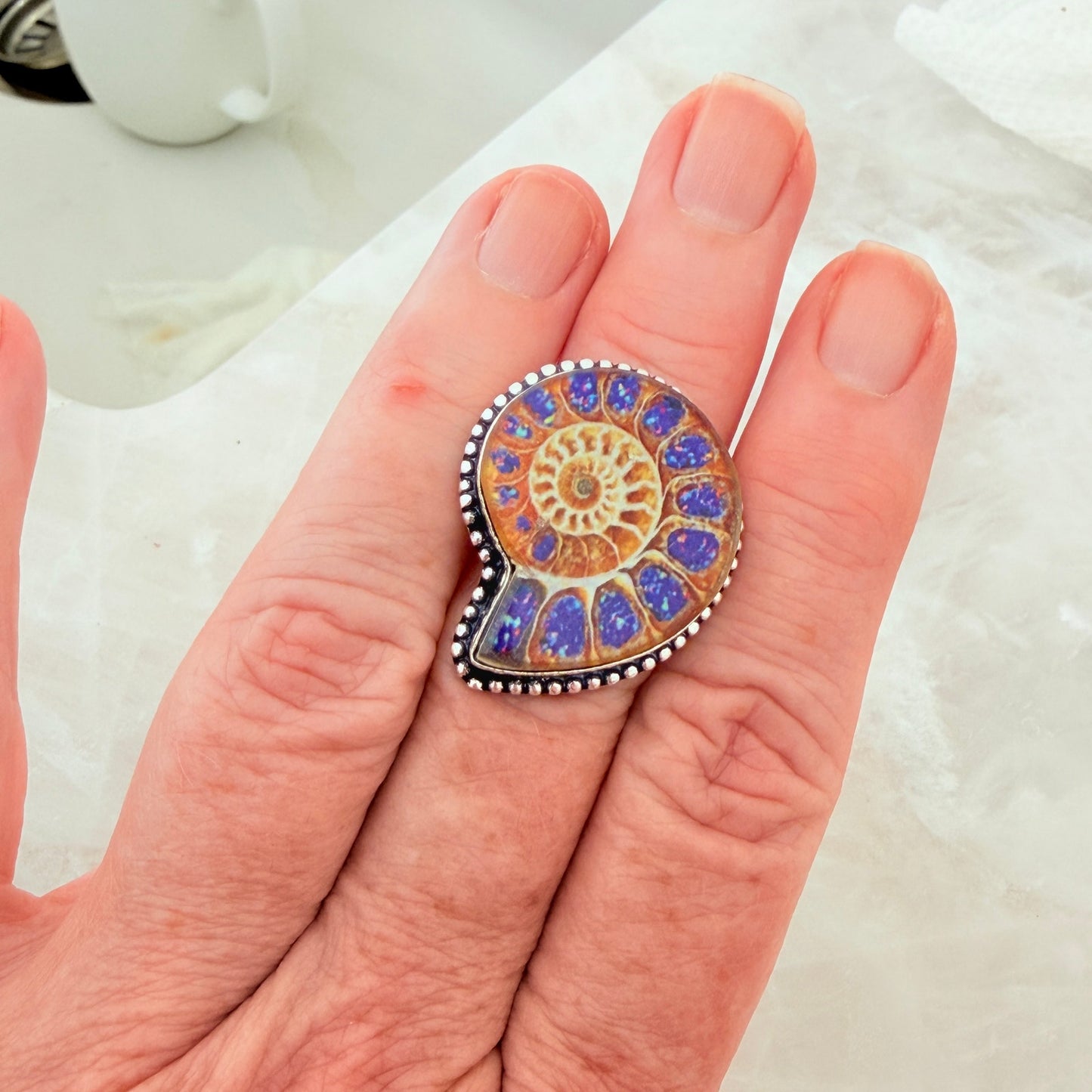 Ammonite Style Dichroic Glass Ring 925 Silver Overlay