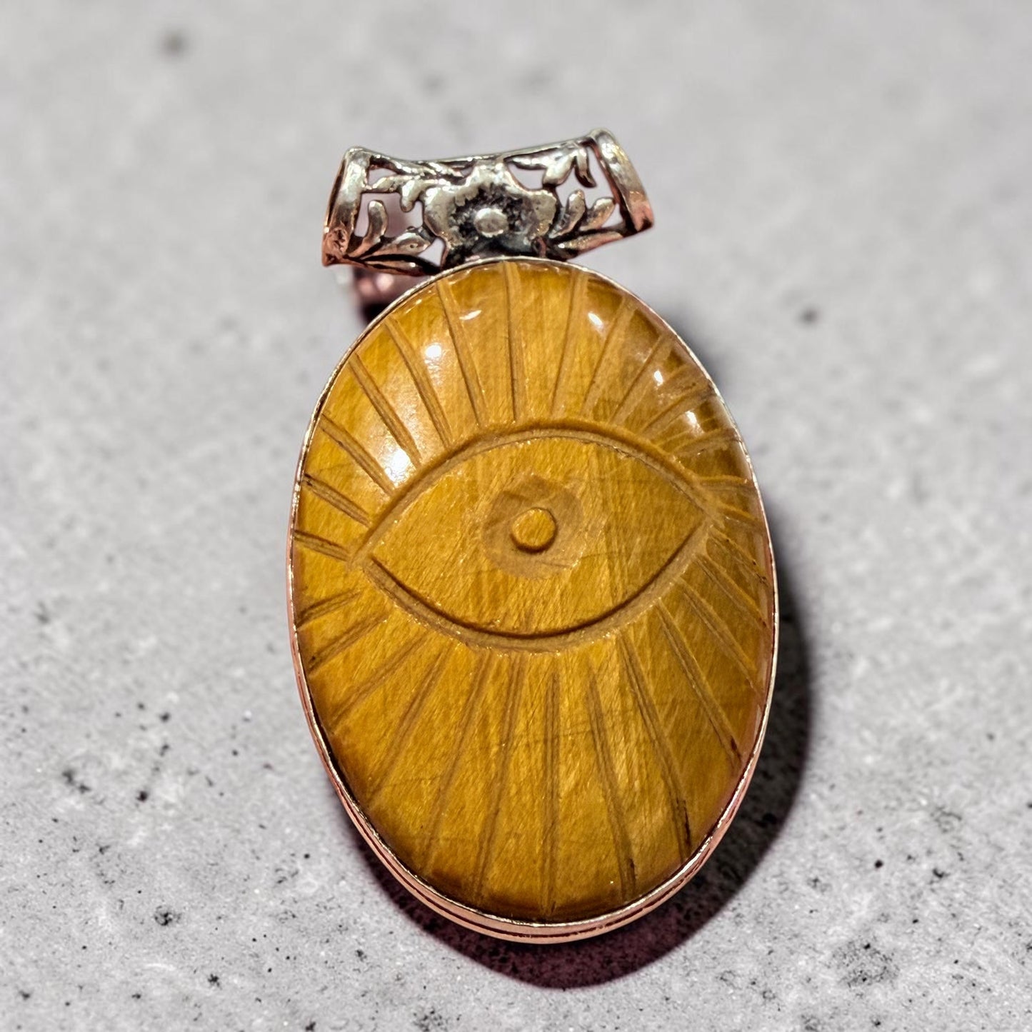 Tiger Eye Evil Eye Pendant Sterling Silver Plated Carved Stone