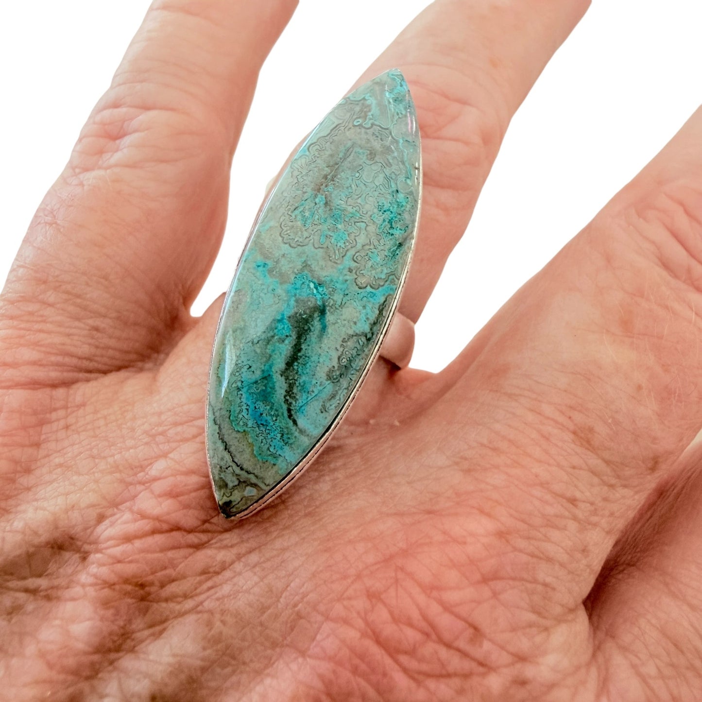 Mexican Laguna Blue Stone Ring 925 Silver Plated Statement  Size 9.5