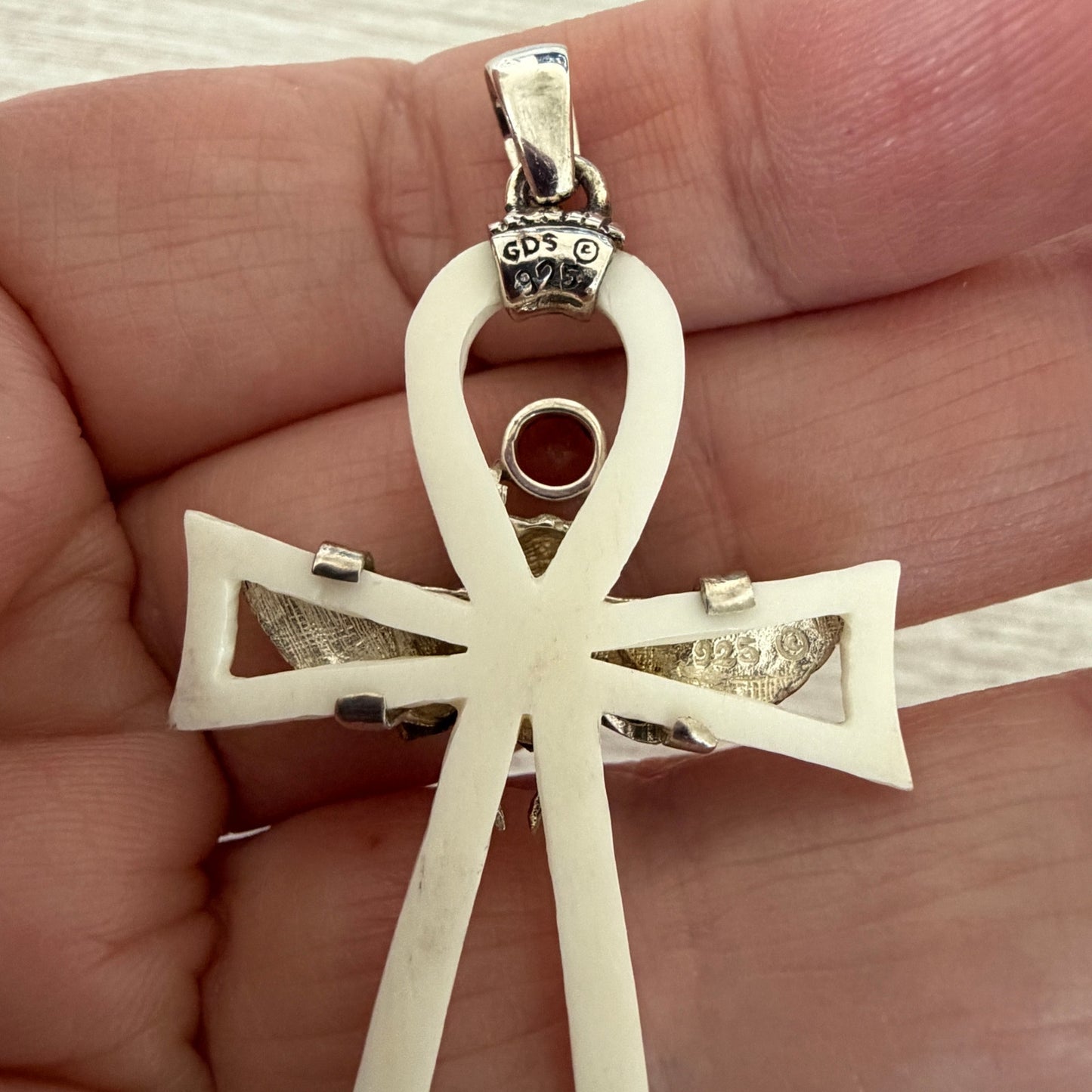 Sterling Silver Hand Carved Bane Ankh Scarab Pendant -Egyptian Symbol-Garnet