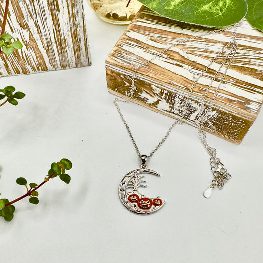 Sterling Silver Moon, Pumpkin, Bats Halloween Pendant Necklace