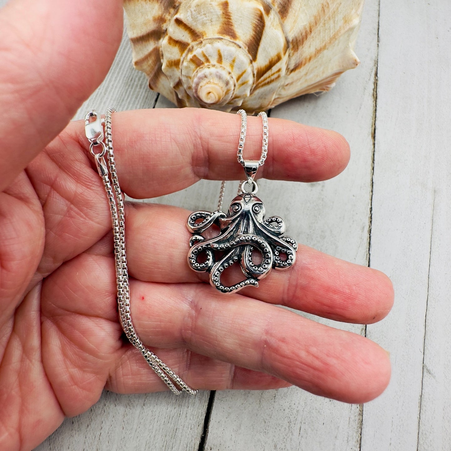 Octopus Sterling Silver Necklace Rounded Box Chain