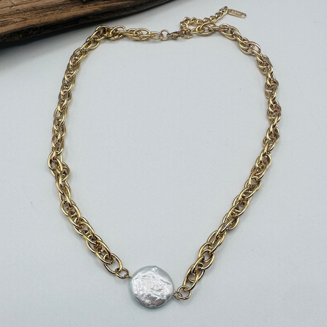 18K Gold Stainless Steel Coin Pearl Necklace-Non Tarnish Water Resistant