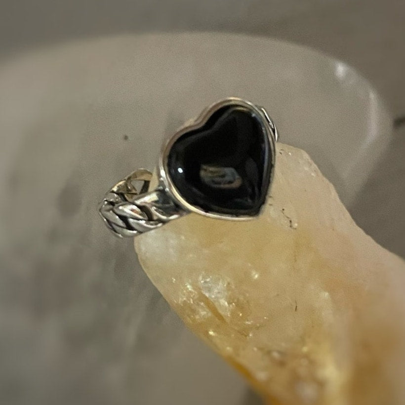925 Sterling Silver Black Agate Heart Ring