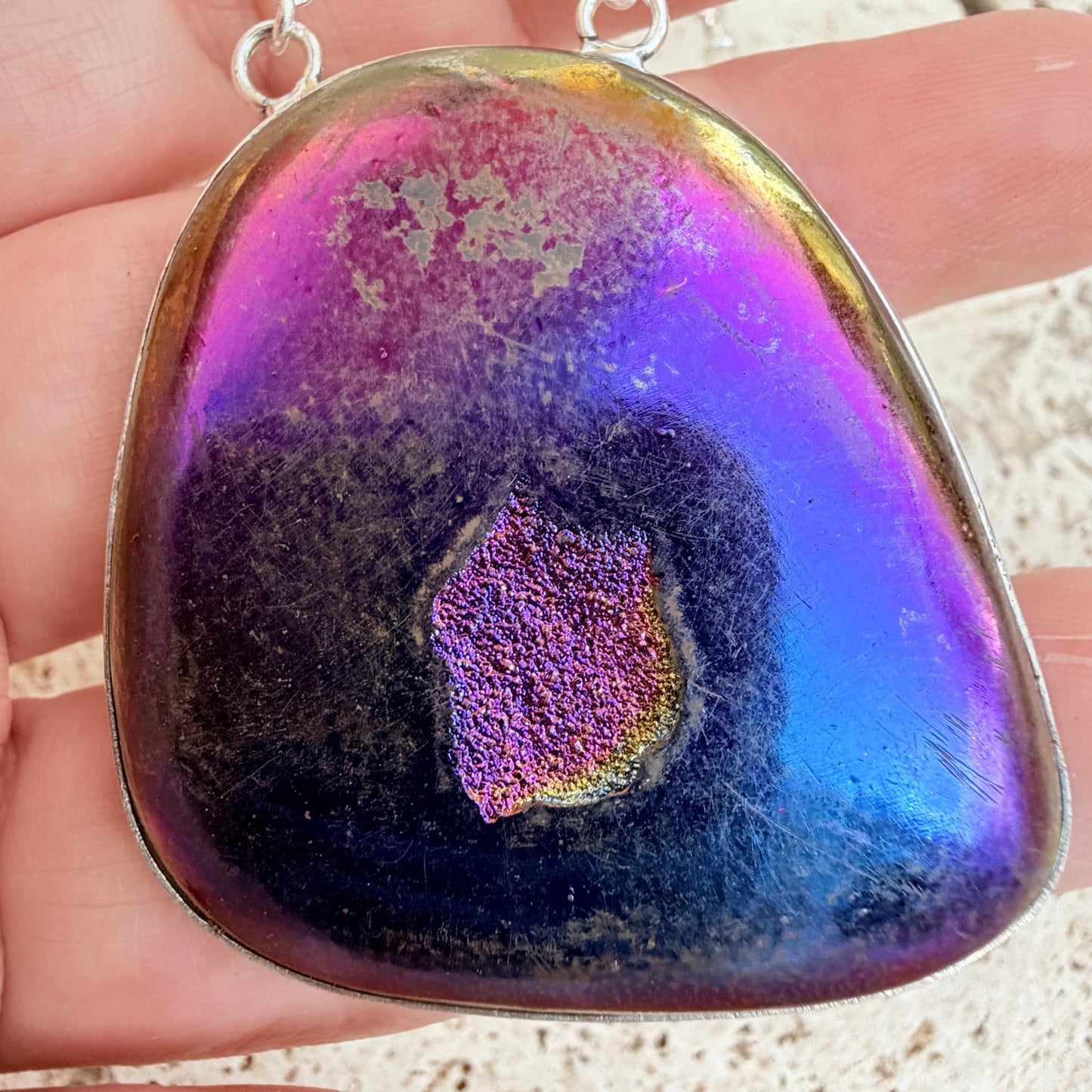 Peacock Aura Druzy Pendant 925 Silver Overlay