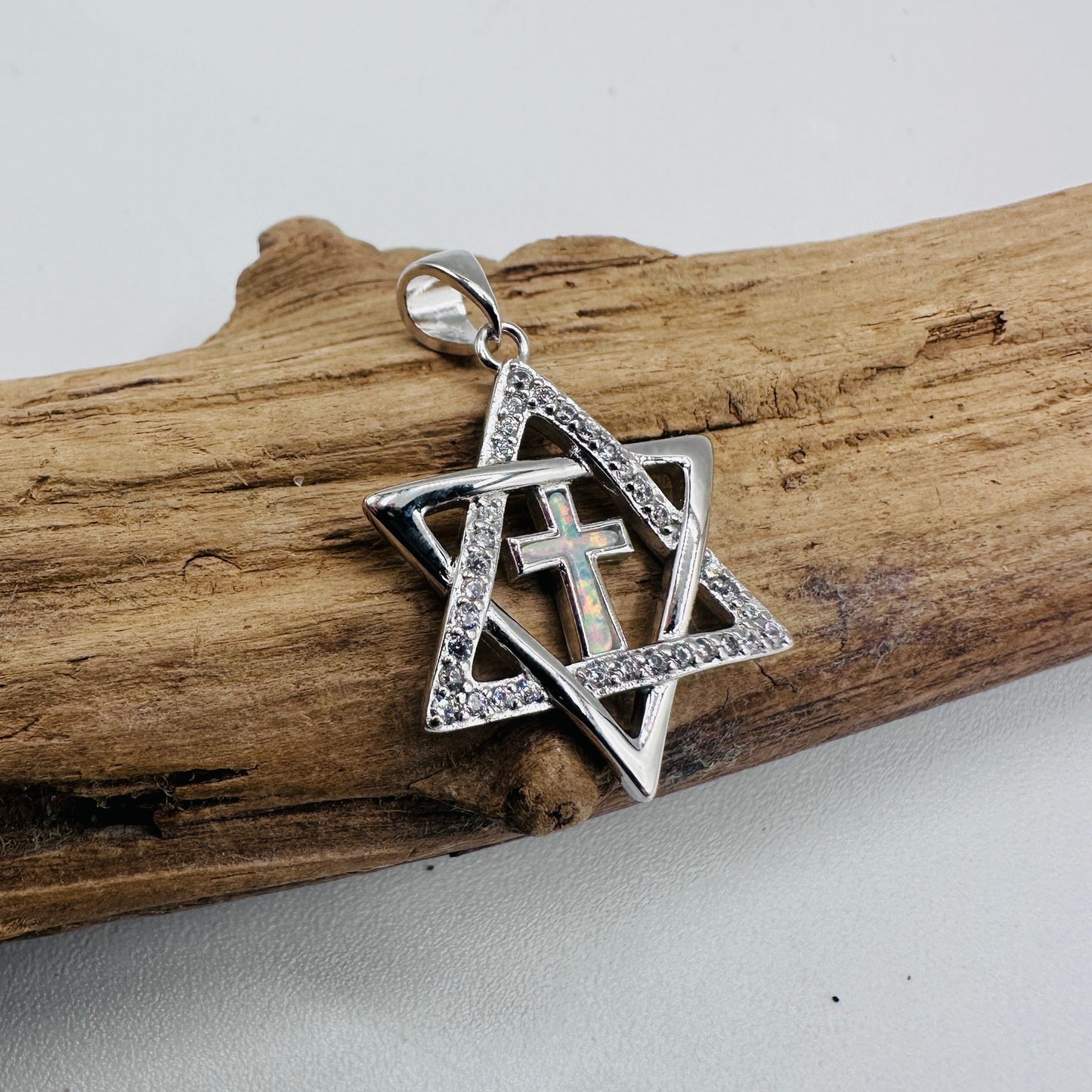 Sterling Silver Star of David Lab Opal Cross CZ Pendant