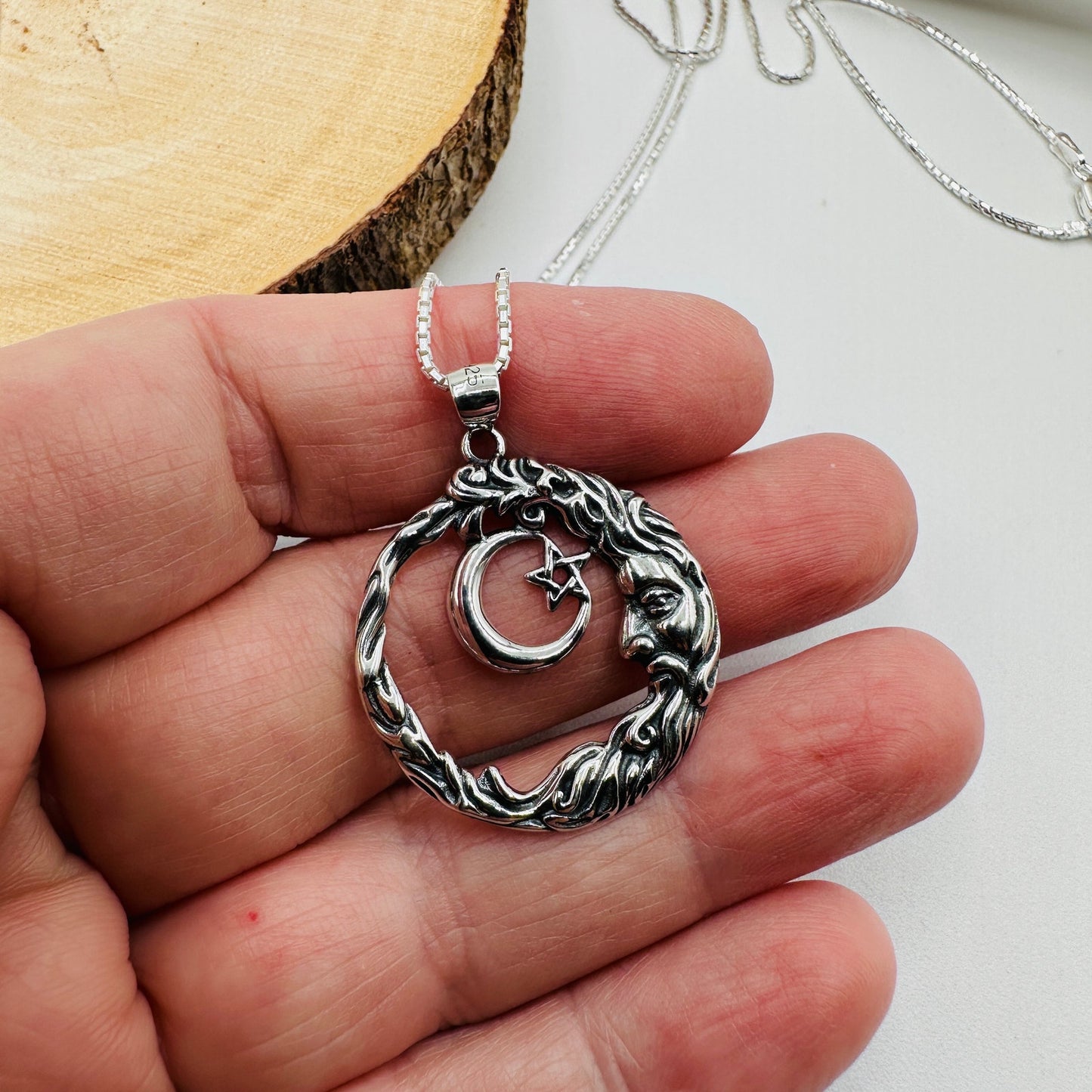 Sterling Silver Moon Goddess Necklace-Crescent Moon & Star Pendant