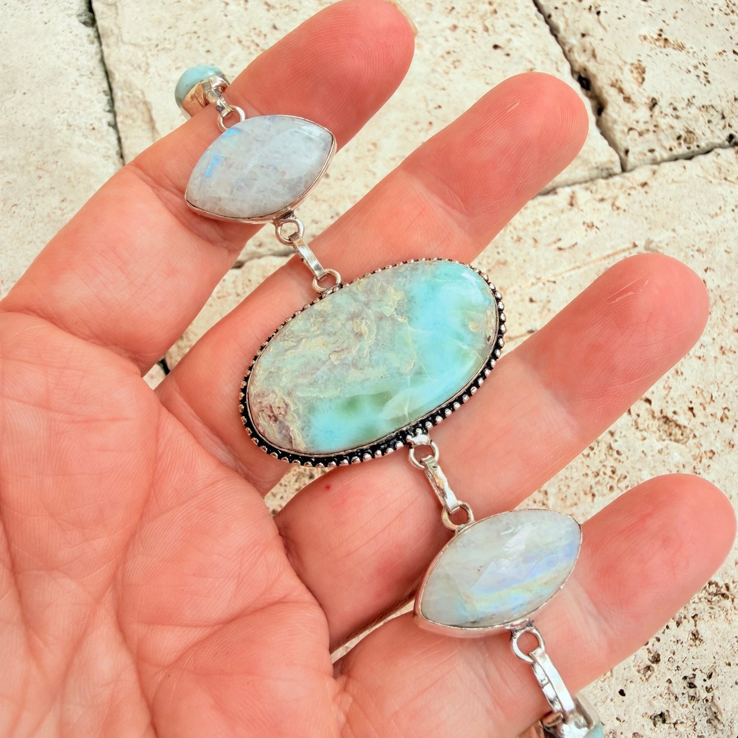 Larimar Rainbow Moonstone 925 Silver Overlay Toggle Bracelet