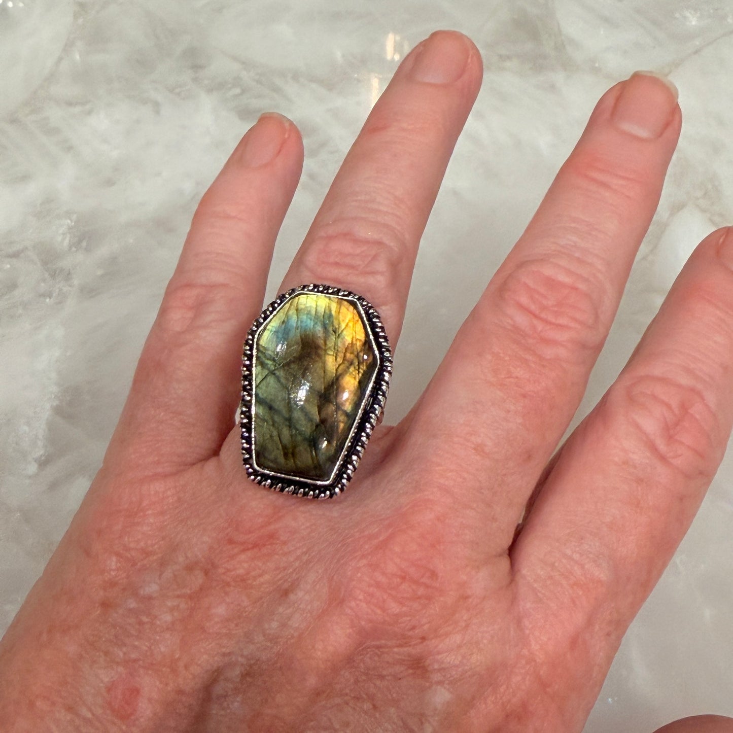 Coffin Labradorite Ring Size 9 Silver Plated Fiery Flash Statement
