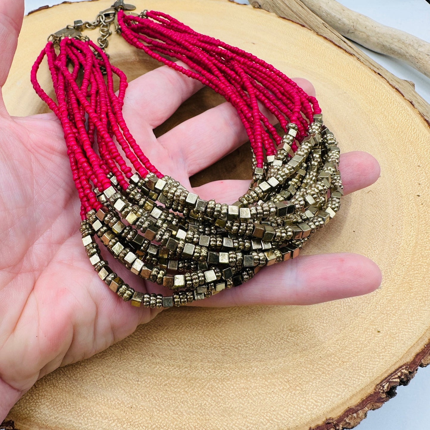 Chico’s Vintage Red/Pink Tones Multi-Strand beaded Statement Necklace