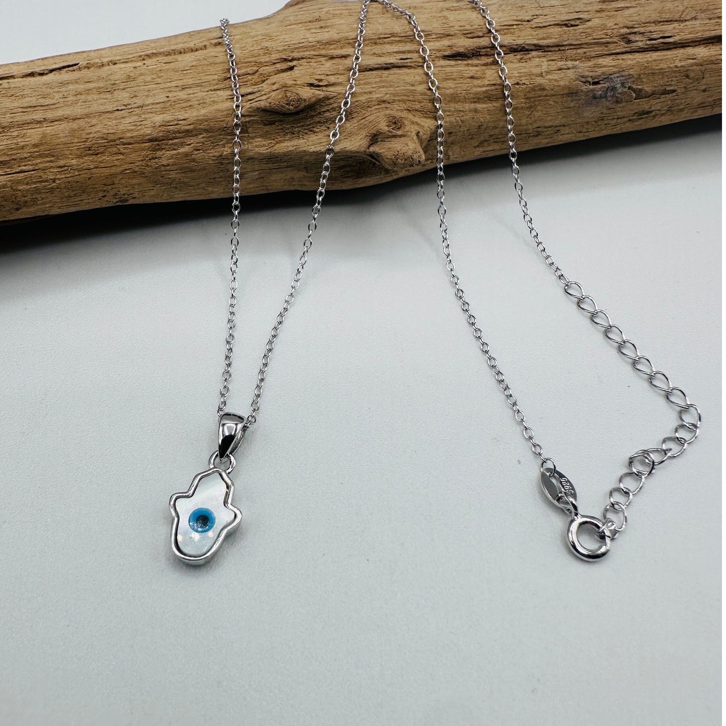 Hamsa Mother of Pearl Sterling Silver Necklace-Evil Eye Necklace