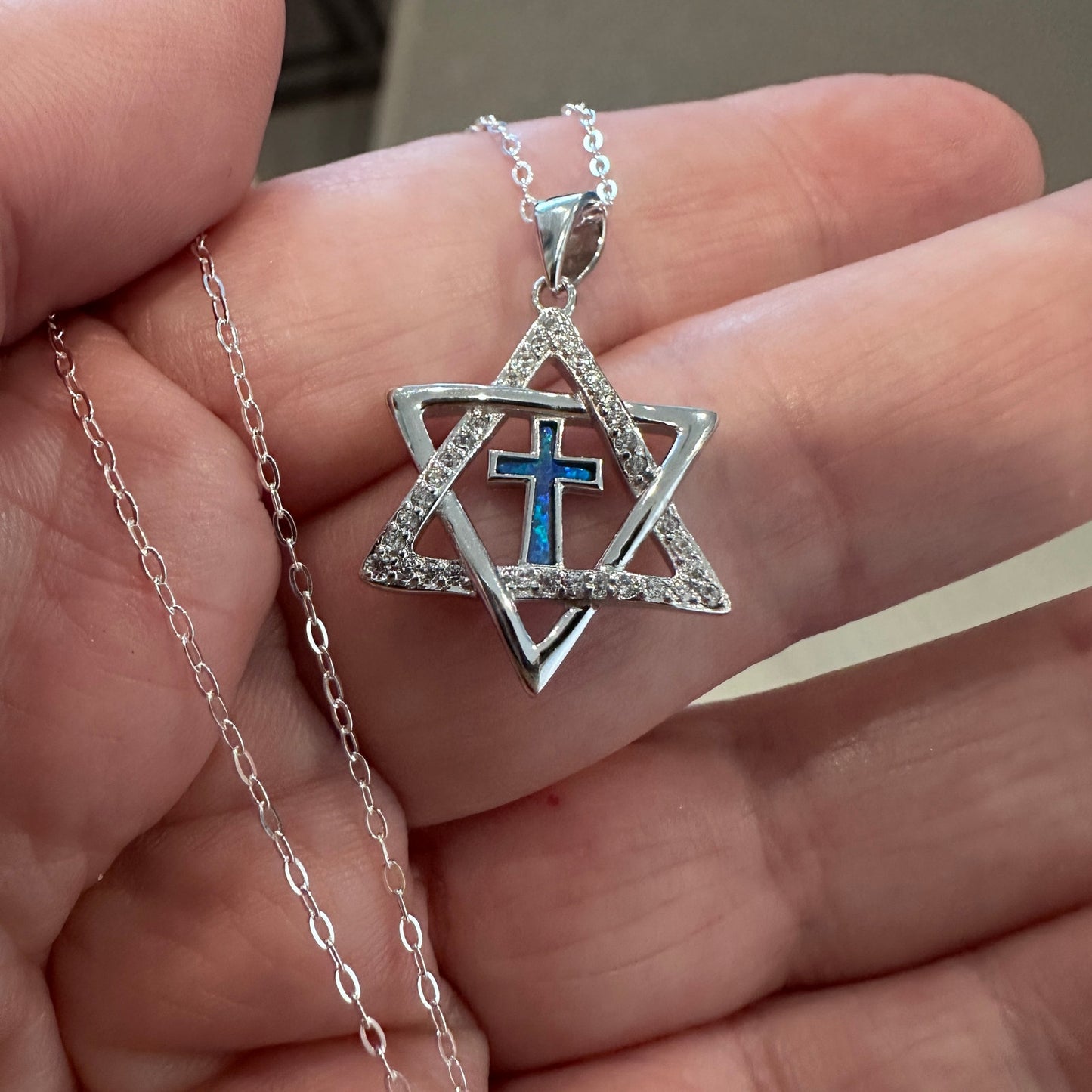Star of David & Cross CZ Lab Opal Sterling Silver Necklace